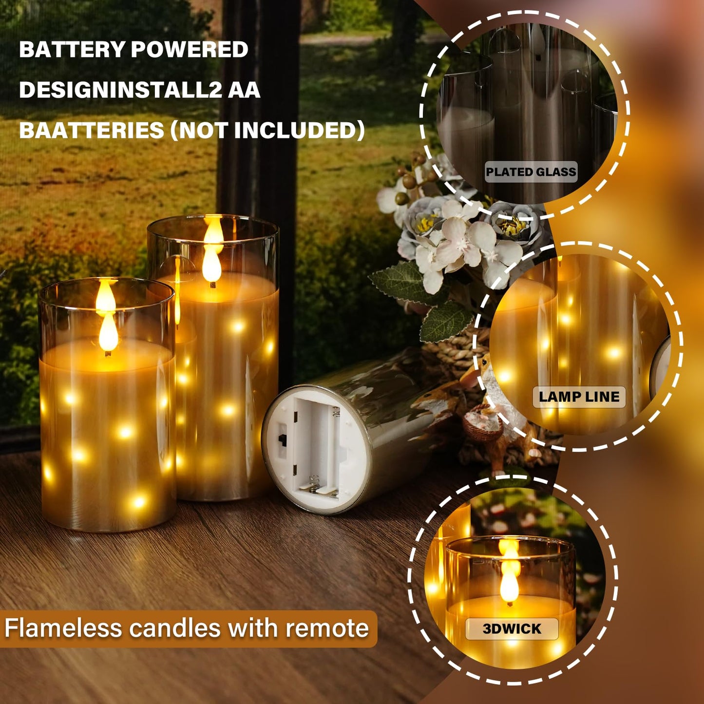 Nimiko Real Wax Flameless Candles Glass,Battery Operated LED Candles with Flickering Flame,Glass Shell,Interior Star Light Decoration Set of 3 Grey (D 3"×H 4" 5" 6") for Home Decor,Holiday Decoration