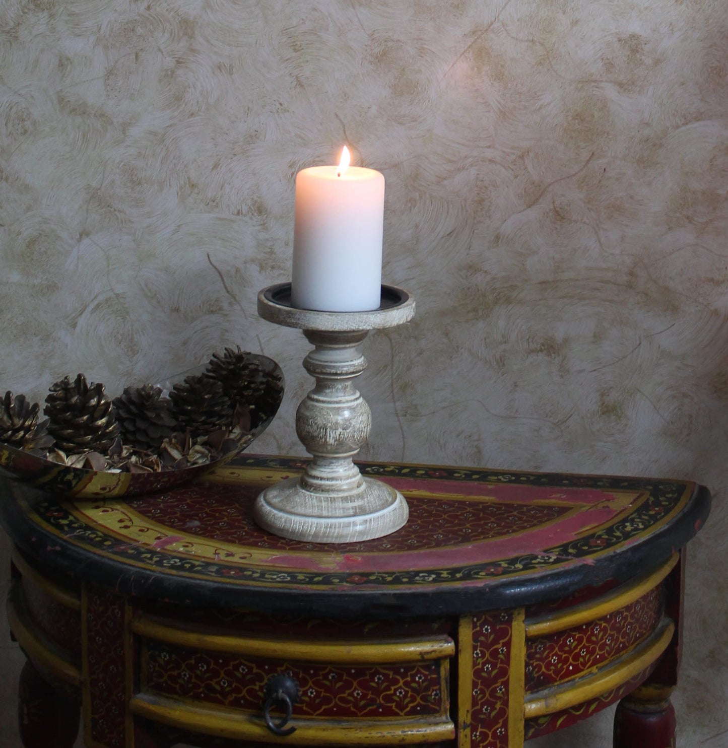 Hosley Set of 2 White Wooden Pillar Candle Holder 7 Inch High Bundle with Set of 4, 3 Inches High, White Unscented Pillar Candles