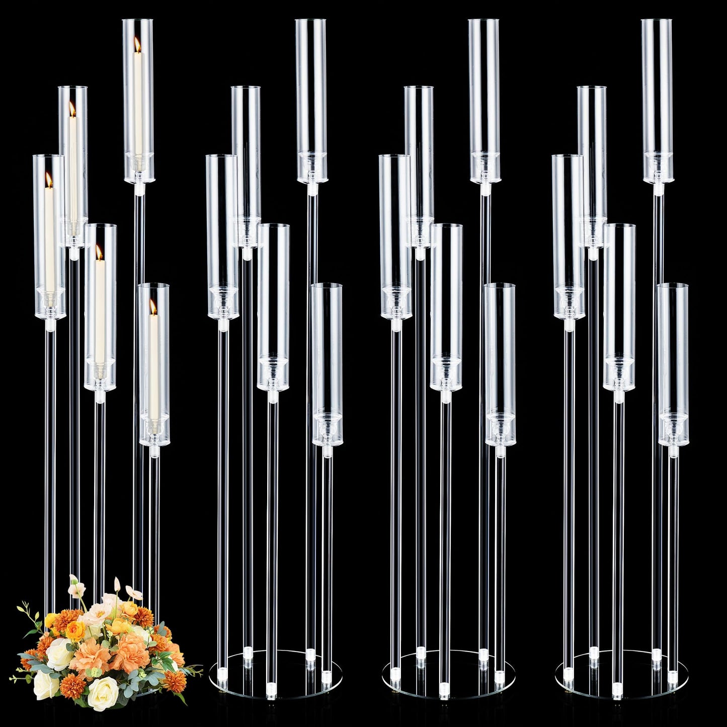 4Pcs 45.7''Tall 5 Arm Acrylic Candelabra Centerpieces for Tables, Clear Candle Holder for Wedding, Floor Candelabro Holders for Ceremony Birthday Party Home Decoration Fit 0.8 LED Candles（No Candle）