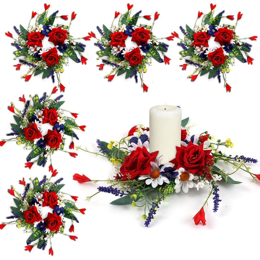6 Pcs 4th of July Red White and Blue Candle Rings Wreath 3 Inch Patriotic Candle Rings Mini Wreath American Independence Day Rings Wreaths for Table Window Door Decor