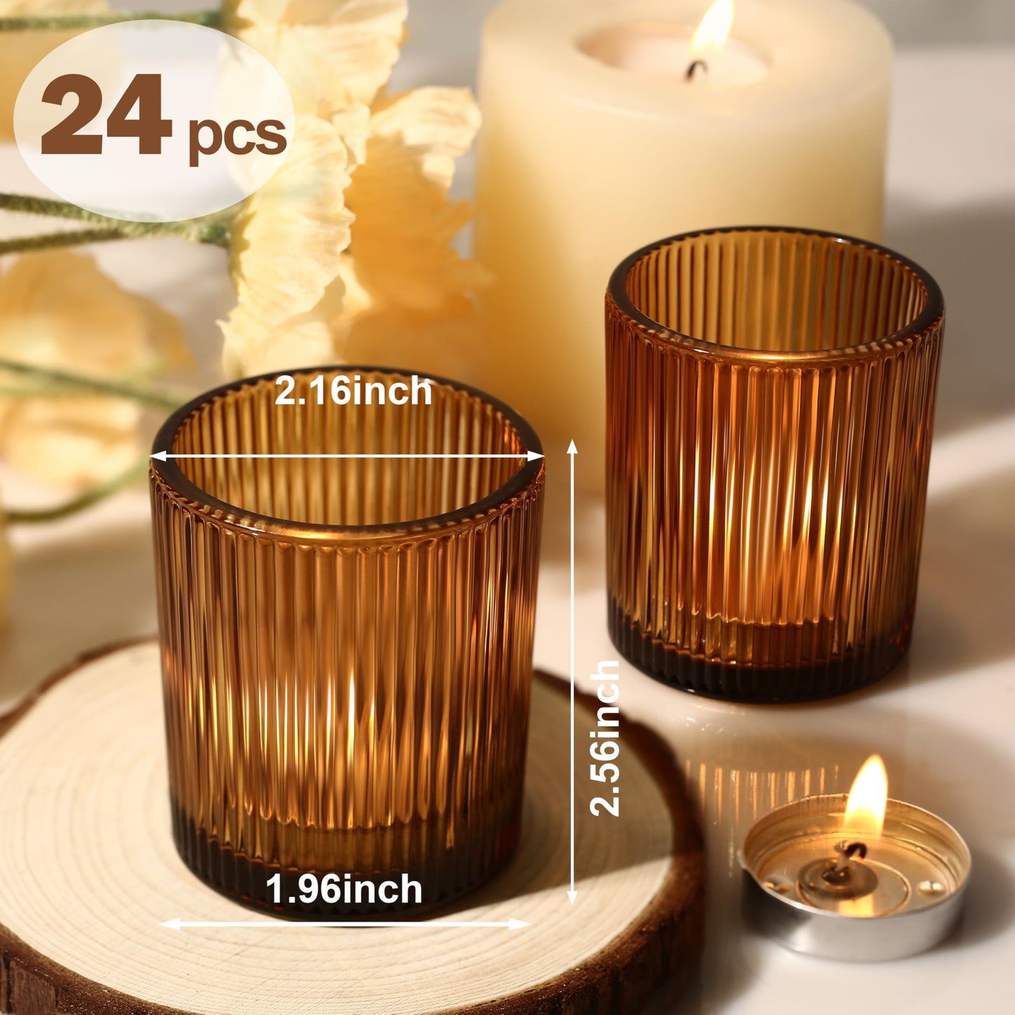 24 Pack Amber Votive Candle Holders Thanksgiving Decor, Glass Small Tea Lights Candle Holders for Table Centerpiece for Home Decor Party Fall Boho Decor(24,Amber)