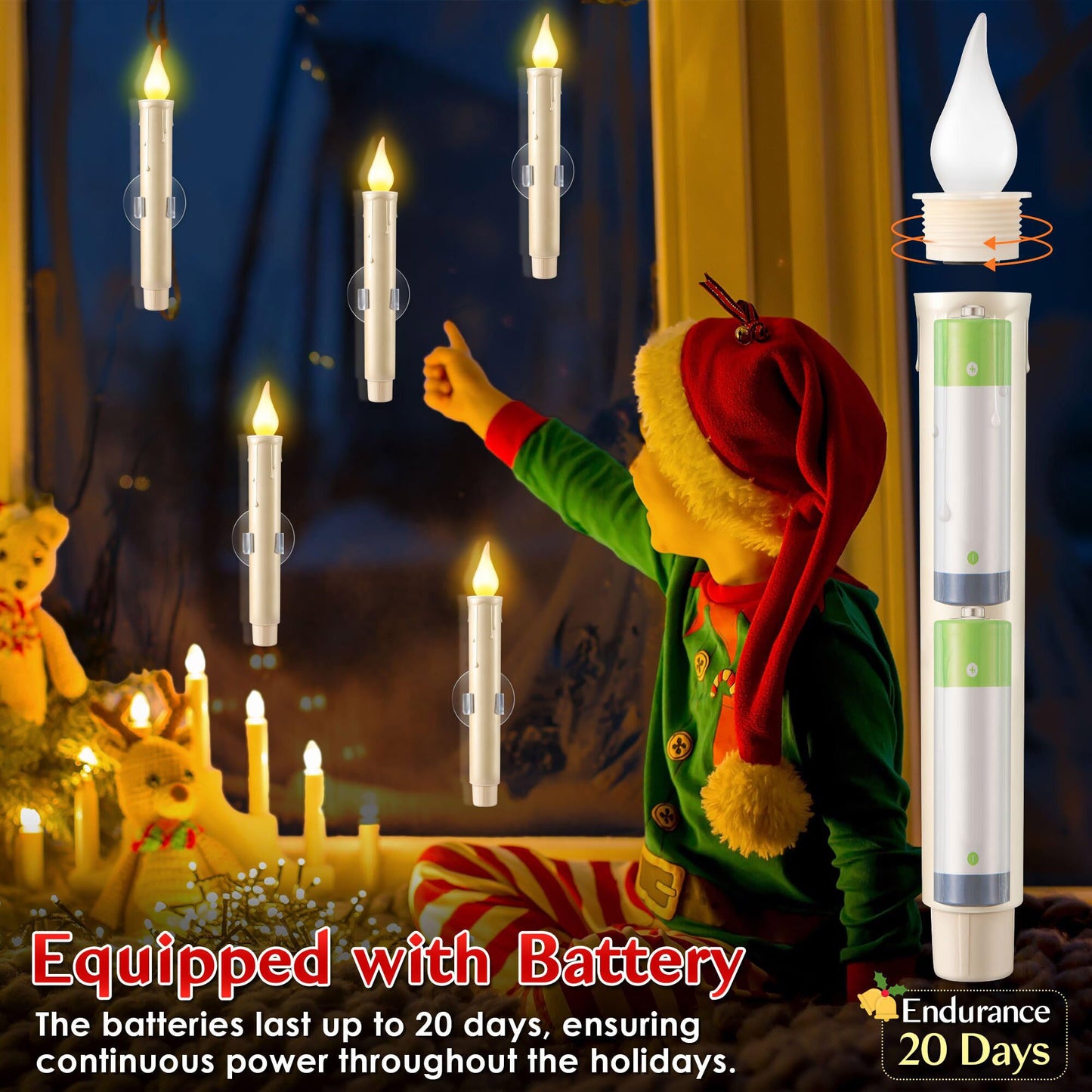 Enhon 6 Pcs Battery Operated Window Candles, Ivory LED Christmas Window Candles with Sensor Dusk to Dawn, Cordless Flameless Taper Candlestick with Battery & Suction Cup for Xmas Wedding Decorations