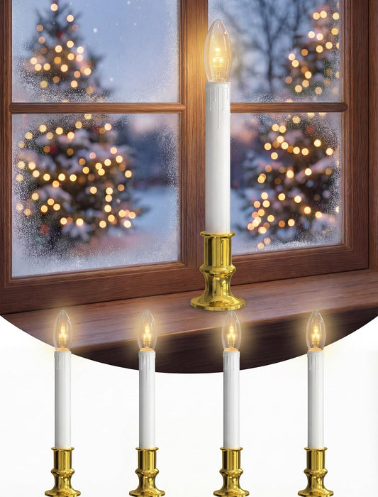 Oviejo 4 Pack Christmas Electric Candles, Electric Candle Lamps with Gold Base, Christmas Window Candles with 6-18 Timer On/Off for Home Table Weddings Holiday Decor