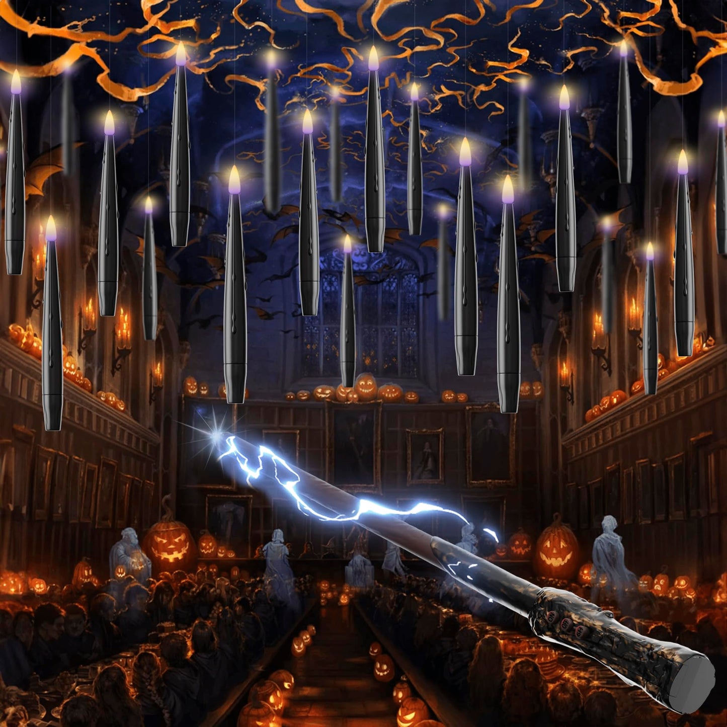 JOIONE Floating Candles with Wand, 12 Pack Hanging Candles with Magic Wand Remote, Battery Powered Floating Candles with Wand, Flameless Magic Hanging Taper Candles for Xmas Halloween Decor, Black