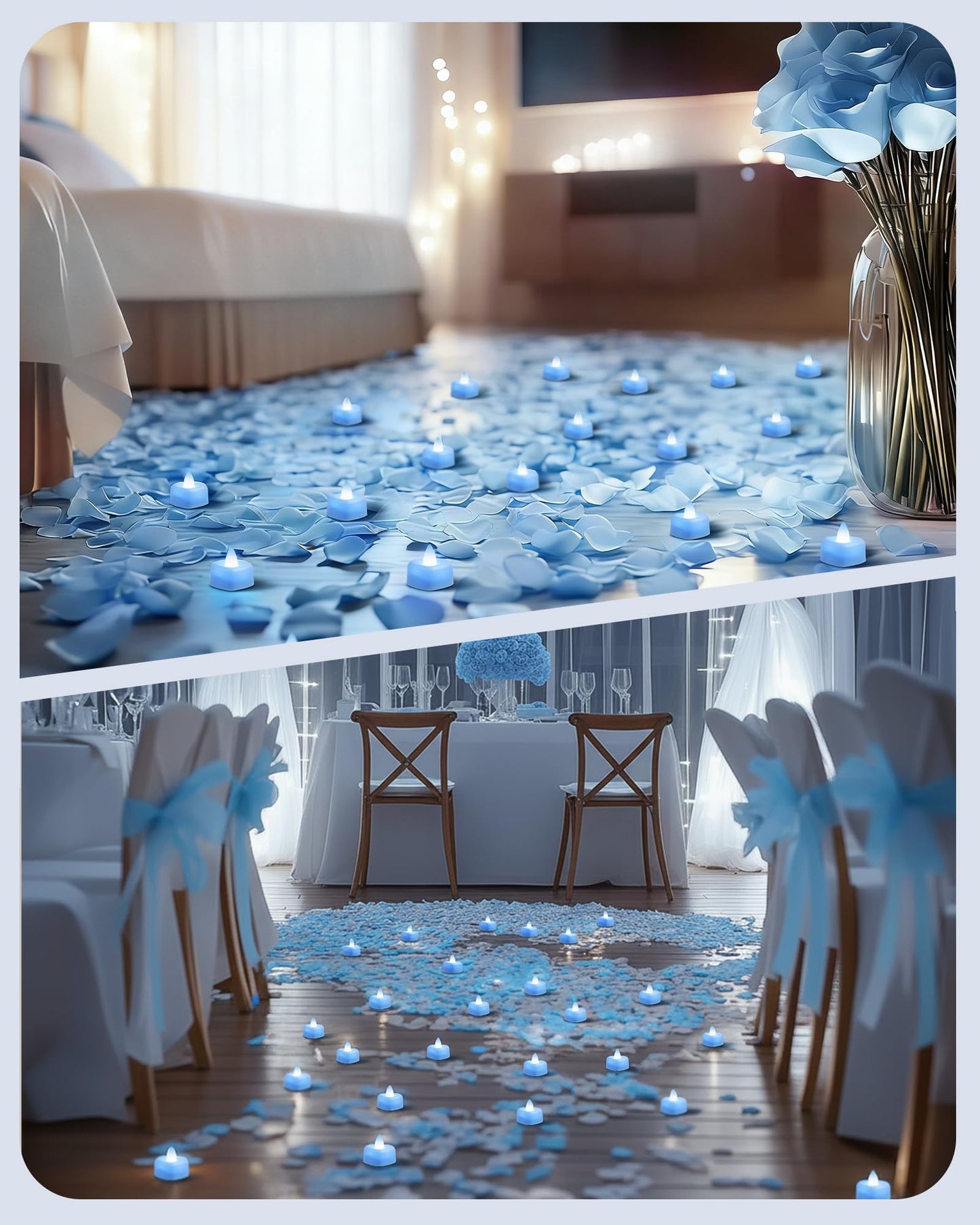 Amagic 1000 Pieces Light Blue Artificial Rose Petals with 12 Light Blue LED Tea Lights, Rose Petals and Candles Set for Proposal, Anniversary, Romantic Night, Wedding Decor