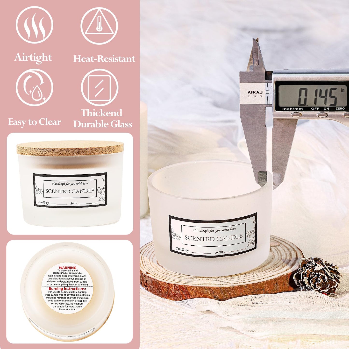 CONNOO 15 Pack 4 OZ Frosted Glass Candle Jars with Airtight Bamboo Lids for Making Candles, Bulk Small Wide Mouth Empty Candle Containers with Sticky Warning Labels - Dishwasher Safe
