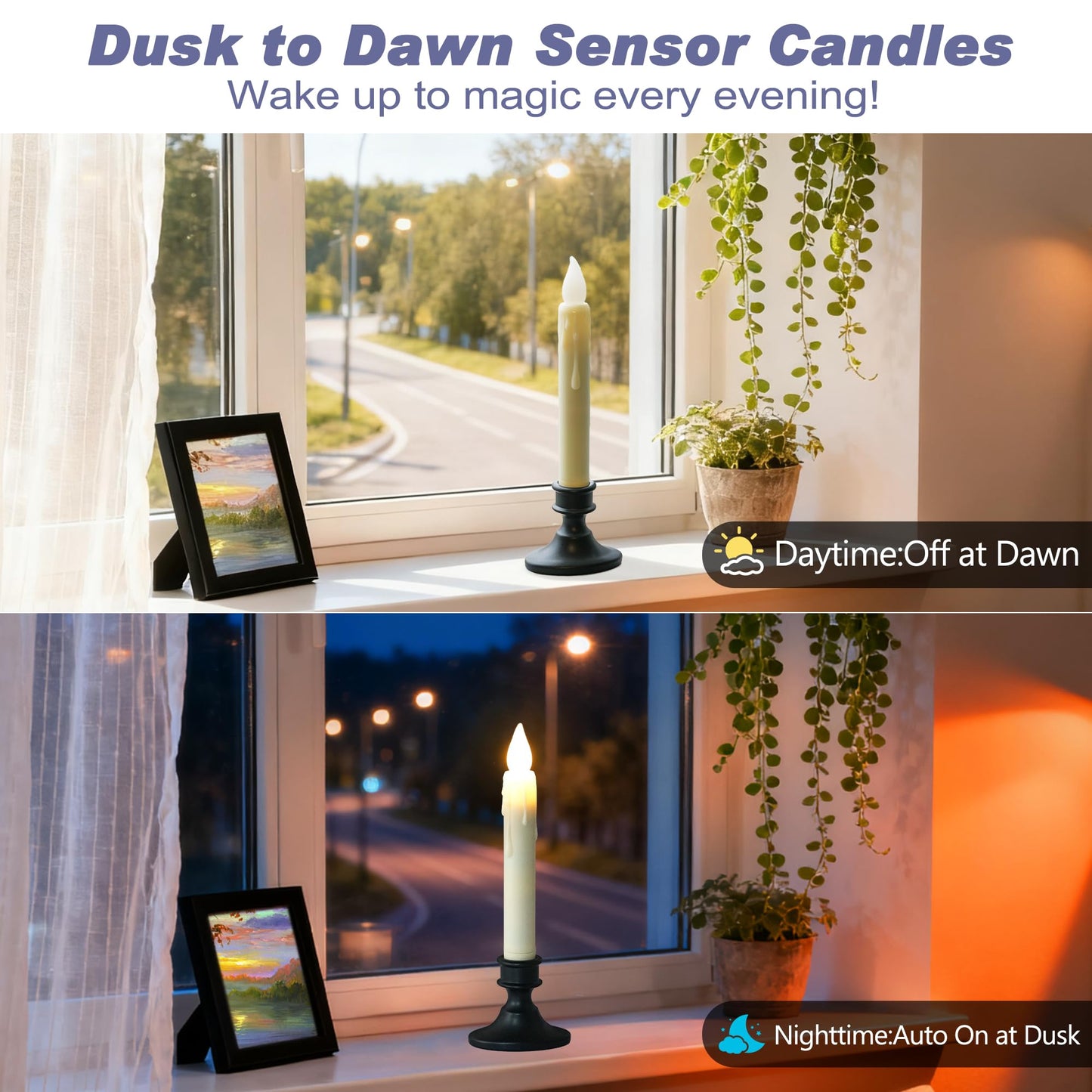 FREEPOWER Battery Operated LED Window Candles with Dusk to Dawn Sensor, Ivory Flameless Flickering Candlesticks with Suction Cups & Removable Black Base for Christmas Home Decor (6PCS)