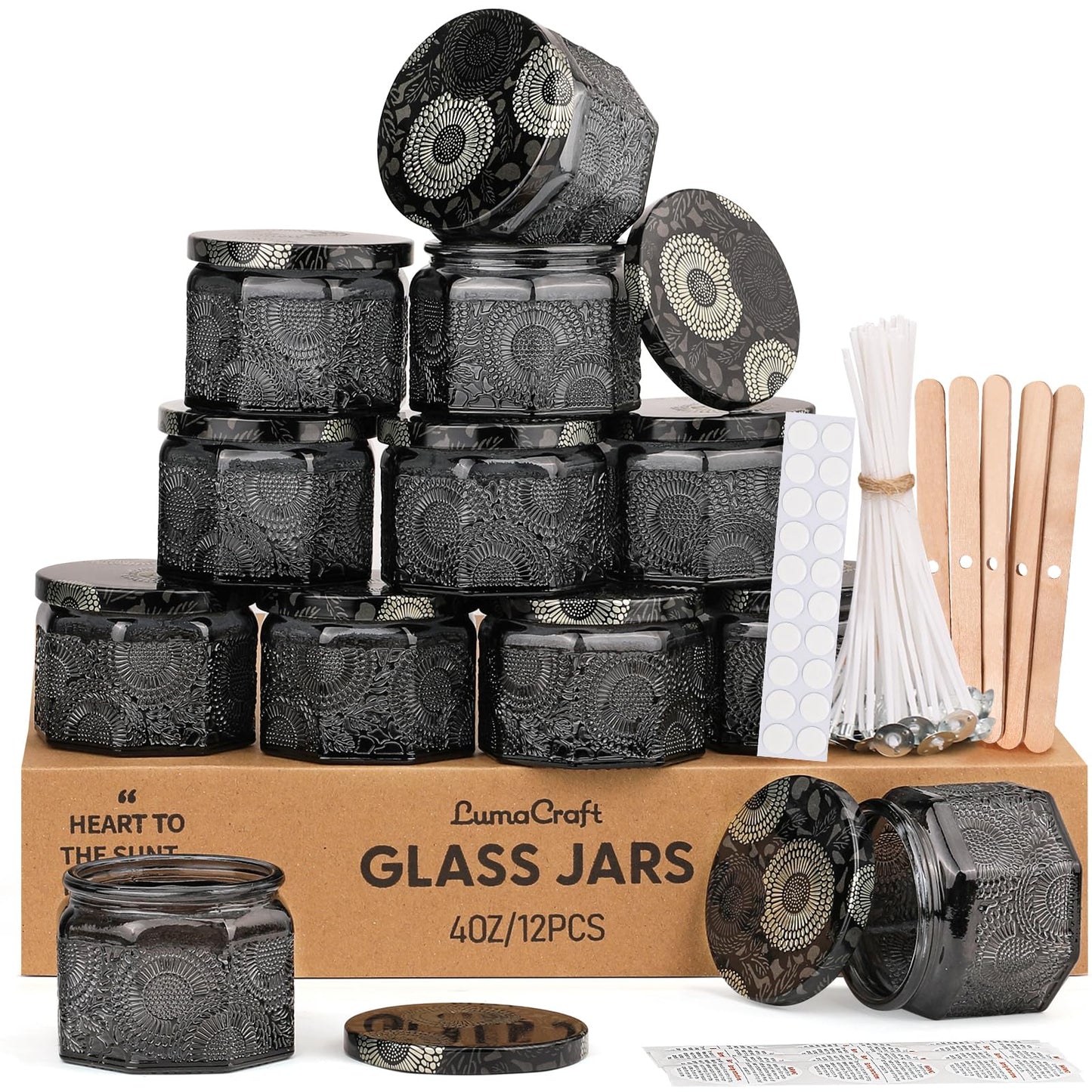 12 Pack 4oz Glass Candle Jars with Lids, Hexagon Embossed Candle Making Containers, Empty Candle Jars with 20 Wicks & Labels for DIY Candle Making, Party Favors, Home Decor