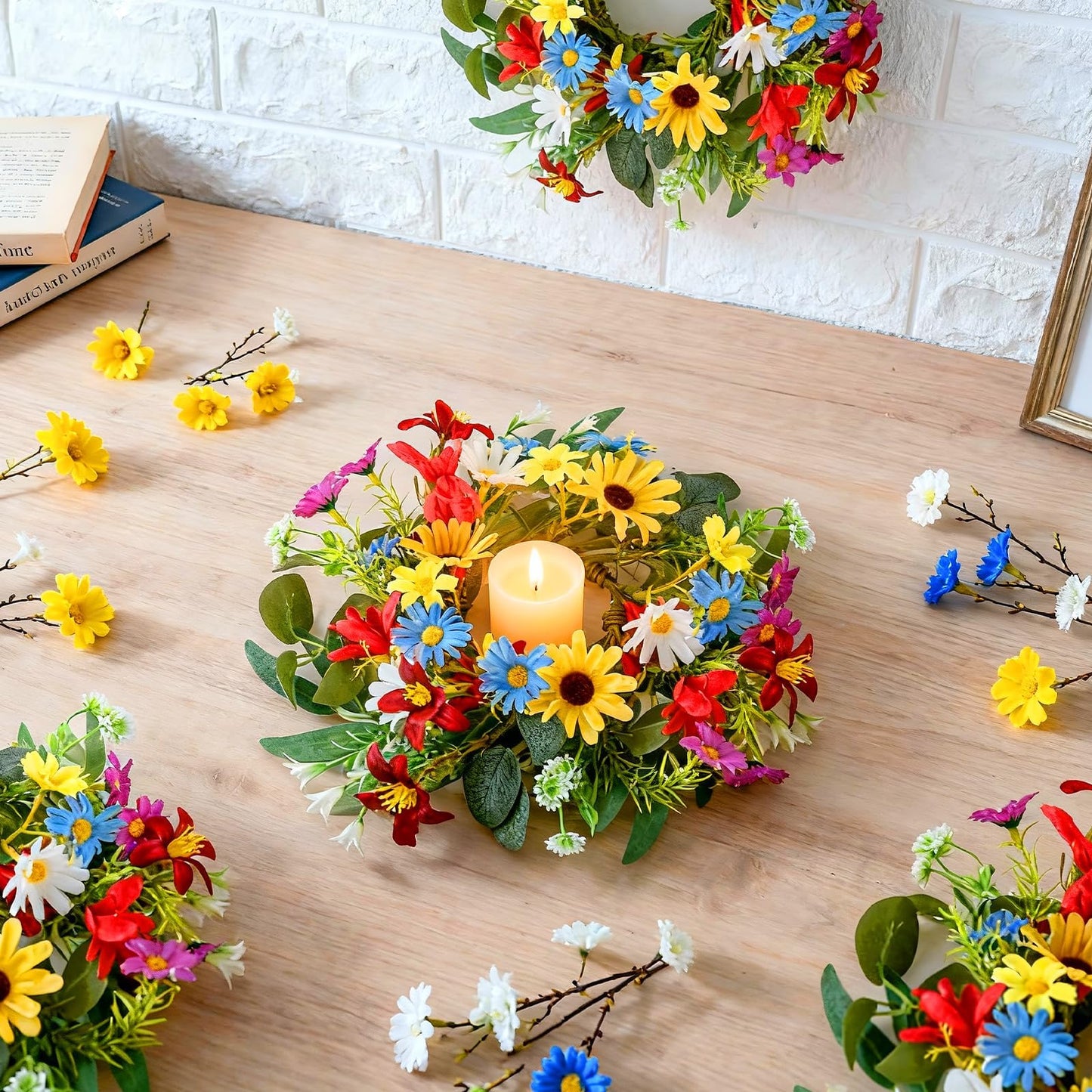 6 PCS Spring Summer Artificial Floral Candle Rings Wreath Sunflowers Daisy Forsythia Candle Rings Pillar Holder Wreath Mini Eucalyptus Candle Wreaths Kitchen Cabinet Swags for Home Tabletop Decor