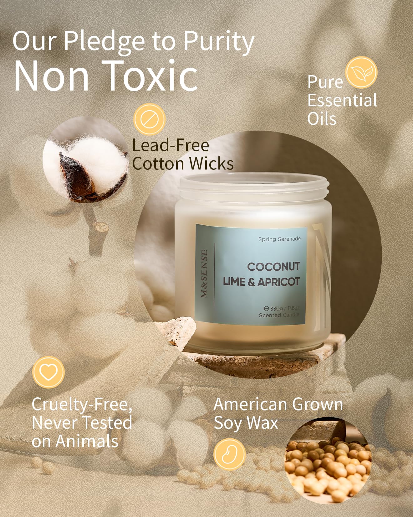M&SENSE Coconut Scented Candle, 11.6oz Natural Organic Soy Wax, 70-Hour Long Lasting Burning, Clean Burn Non Toxic Tropical Candle for Home, Fruit Scent 2-Wick Housewarming Gift for Family Friends