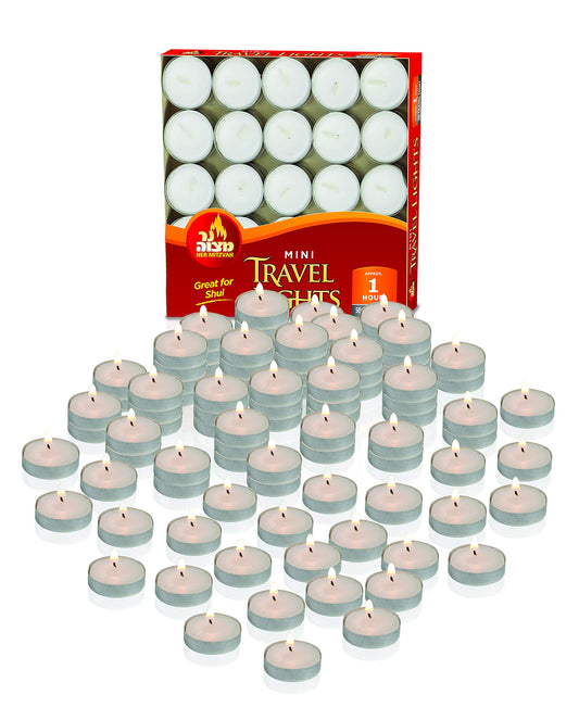 Ner Mitzvah Mini Tea Light Candles, White Unscented Travel, Centerpiece, Decorative Candle, 1 Hour Burn Time, Pressed Wax - Bulk (Pack of 50)