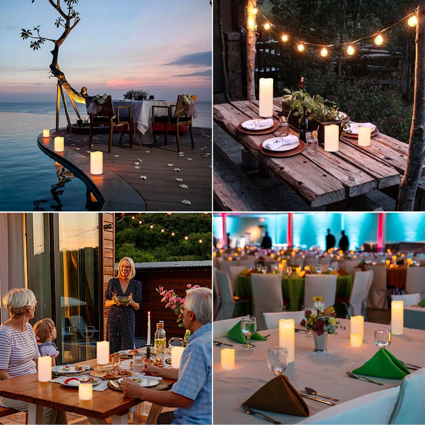 Eldnacele Waterproof Flameless Flickering Candles with 6 Hours Timer, Indoor Outdoor White LED Plastic Battery Operated Pillar Candles Pack of 4 Wedding Dinner Home Decor, D3”x H4” 5” 6” 8”