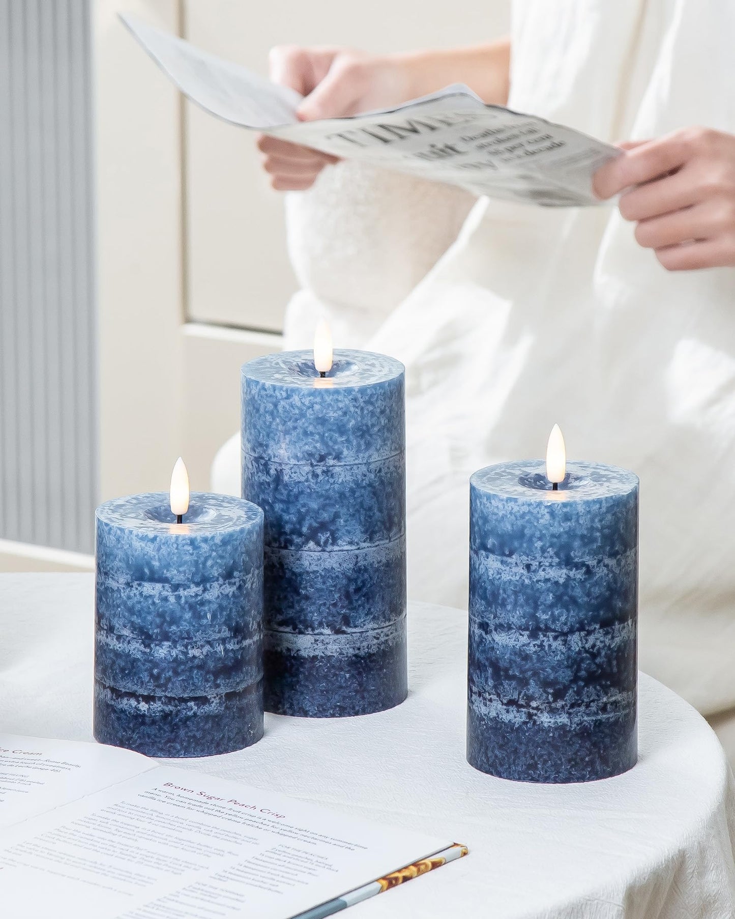 Stmarry Gradient Navy Blue Flameless Candles with Remote and Timer, Real Wax Made LED Pillar Candles Battery Operated with 3D Flickering Flame, 3" x 4",5",6", Navy Blue Decor, Set of 3