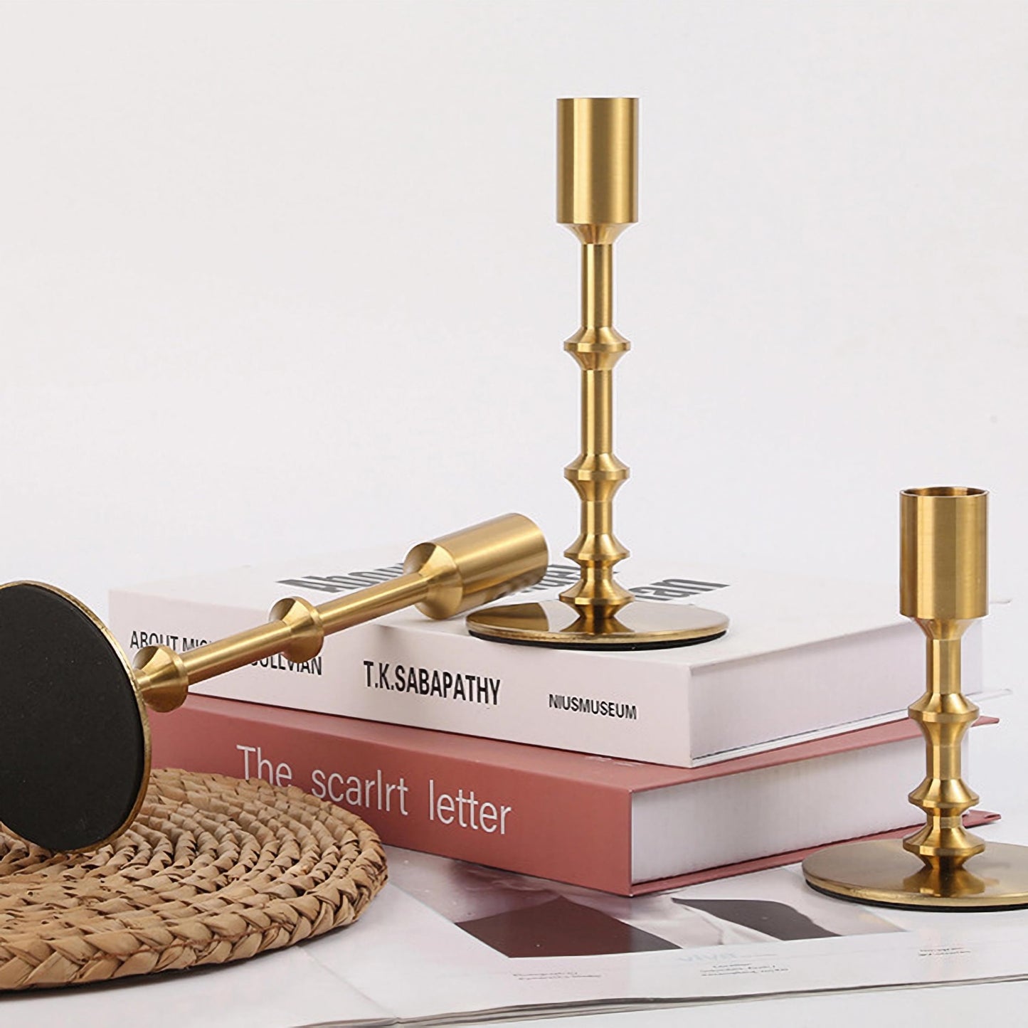 ALSOLIFE Gold Candle Holders,Modern Candle Stick Holders for Table Mantel Wedding Housewarming, Set of 3 Metal Brass Candlestick Holder