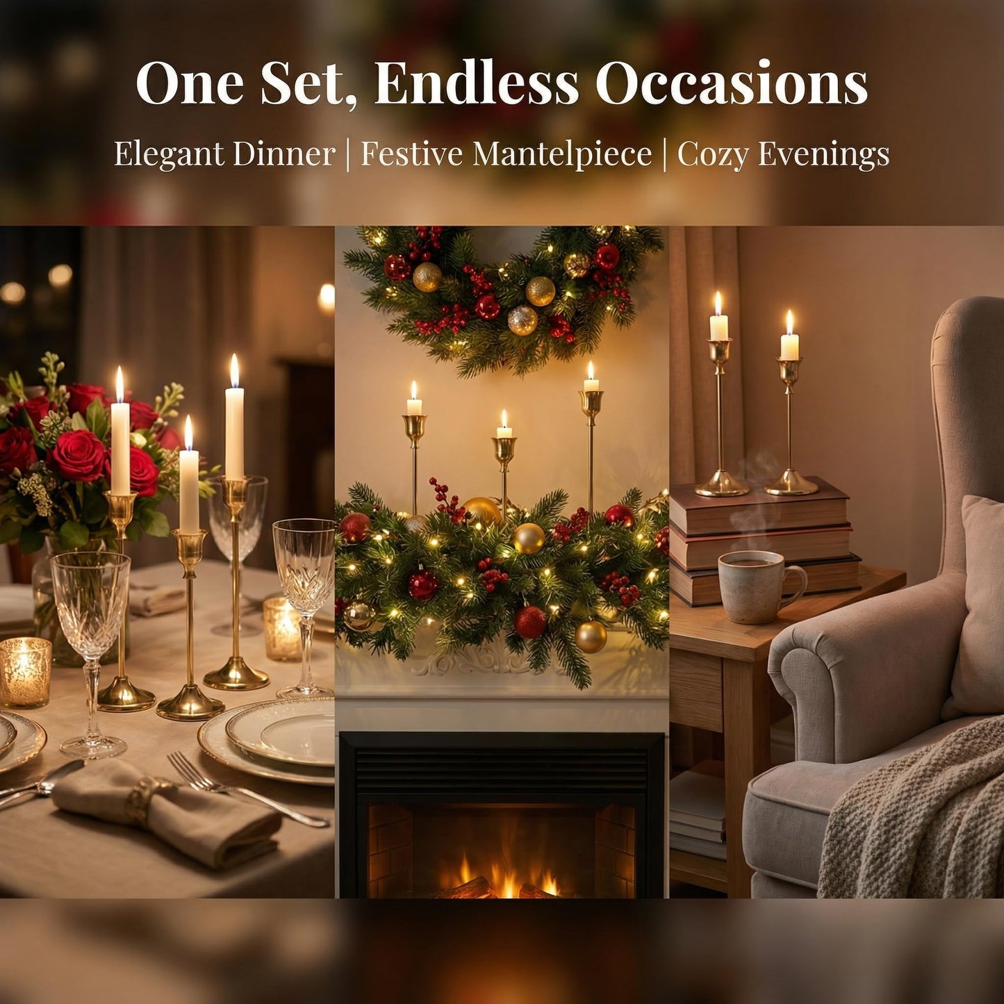 2 Sets(6 Pcs) Brass Tapered Candle Holder,Candlestick Tall Metal Candlestick Holders for Table Centerpiece Home Decor for Wedding Fireplace Mantel Housewarming Gift Fits 3/4 Inch Thick Candles