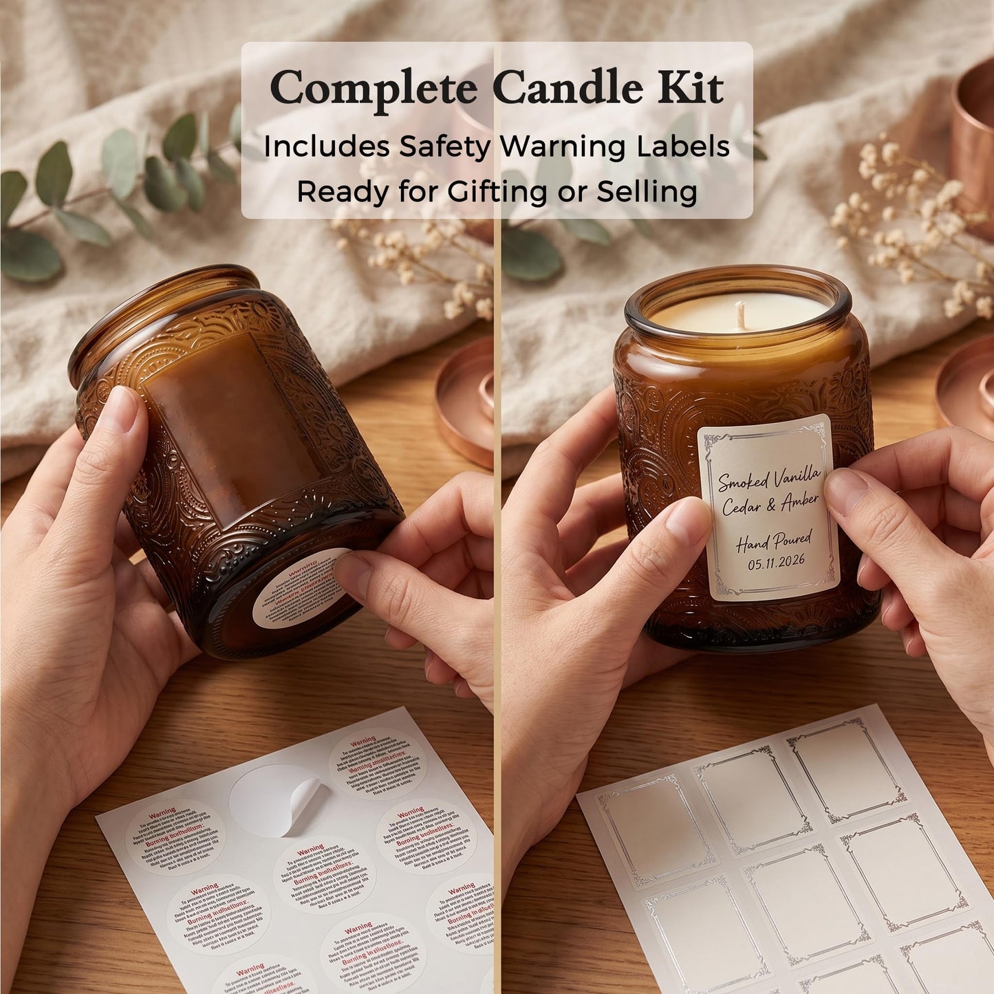 9-Pack 8oz Embossed Glass Candle Container with Bamboo Lids and Labels, Amber Candle Jars for Making Candles, Sun Moon Star Design