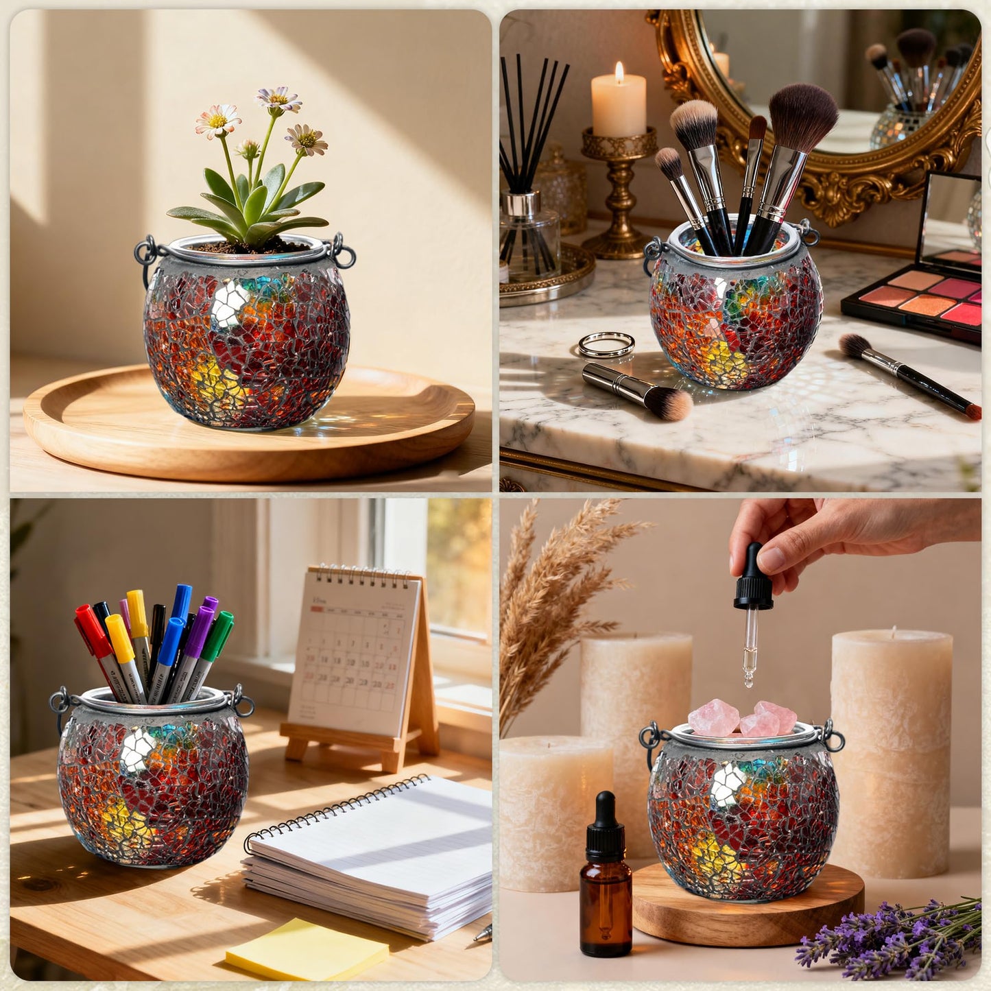 Rancco Candle Holder Mosaic Tea Light Holder, Votive Candle Holders with Handle for Thanksgiving Table Centerpiece Christmas Party Decor, Also Used as Vase, Pen Holder, Potted Plants Bowl (Rainbow)