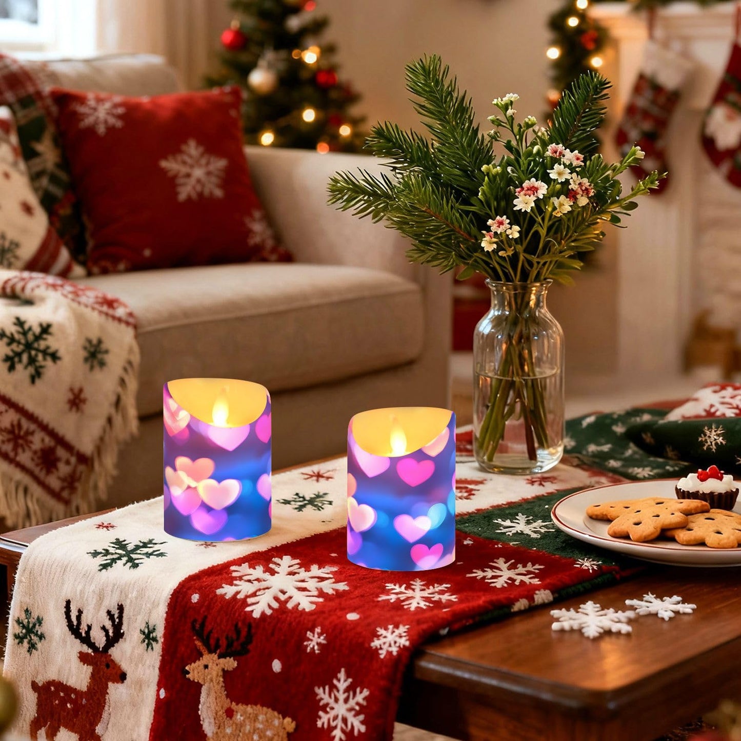 Valentines Flameless Candles Set of 2 Pink Blue Heart Neon Pattern Realistic LED Candles with Remote Battery Operated Holiday Decorations
