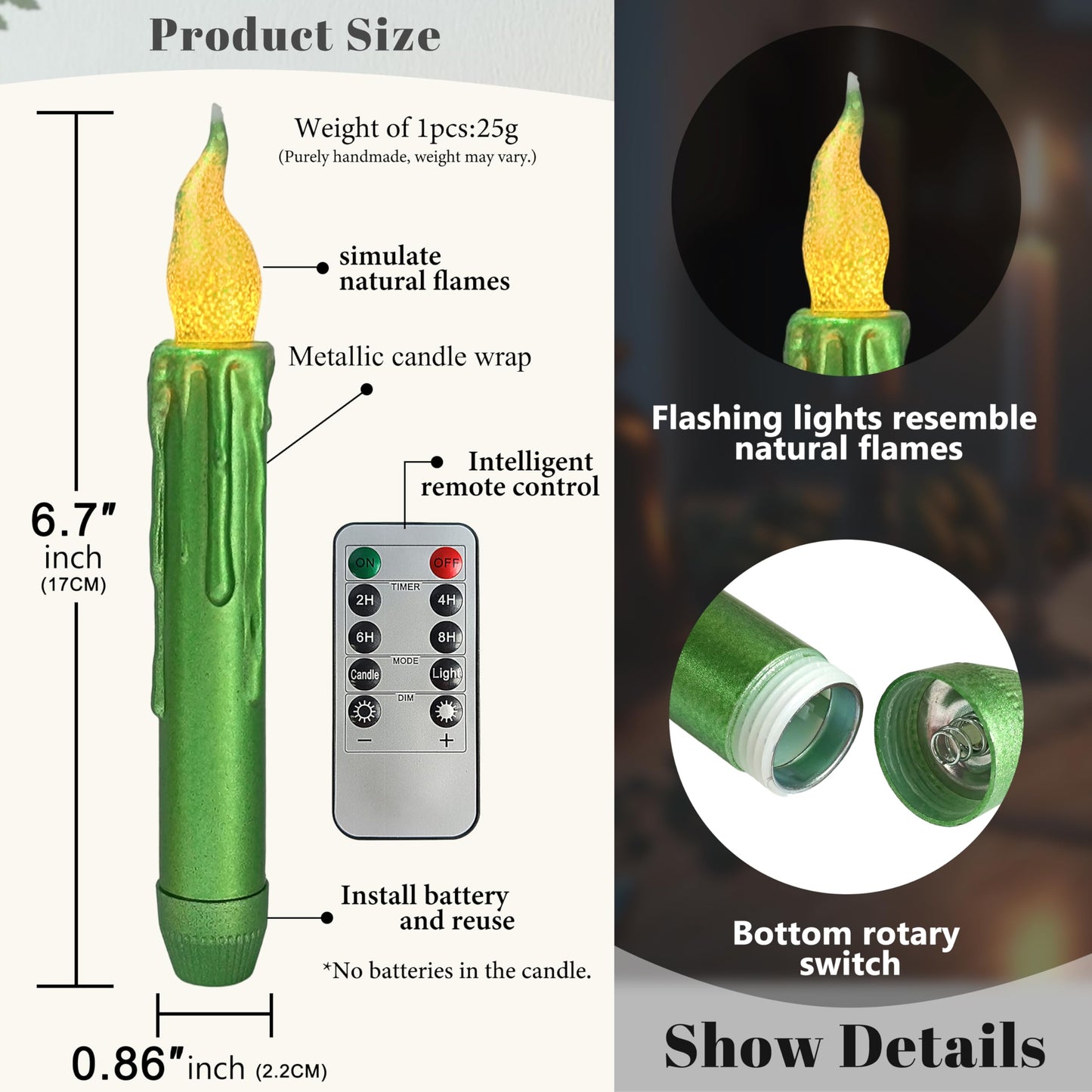 FCMSHAMD Christmas Metallic Red Green Flameless Short Taper Candles, Hand Dipped LED Battery Operated with Remote, Flickering Flame Lights for Home Décor, 6.7 Inch Primitive Flameless Candles, 4PCS
