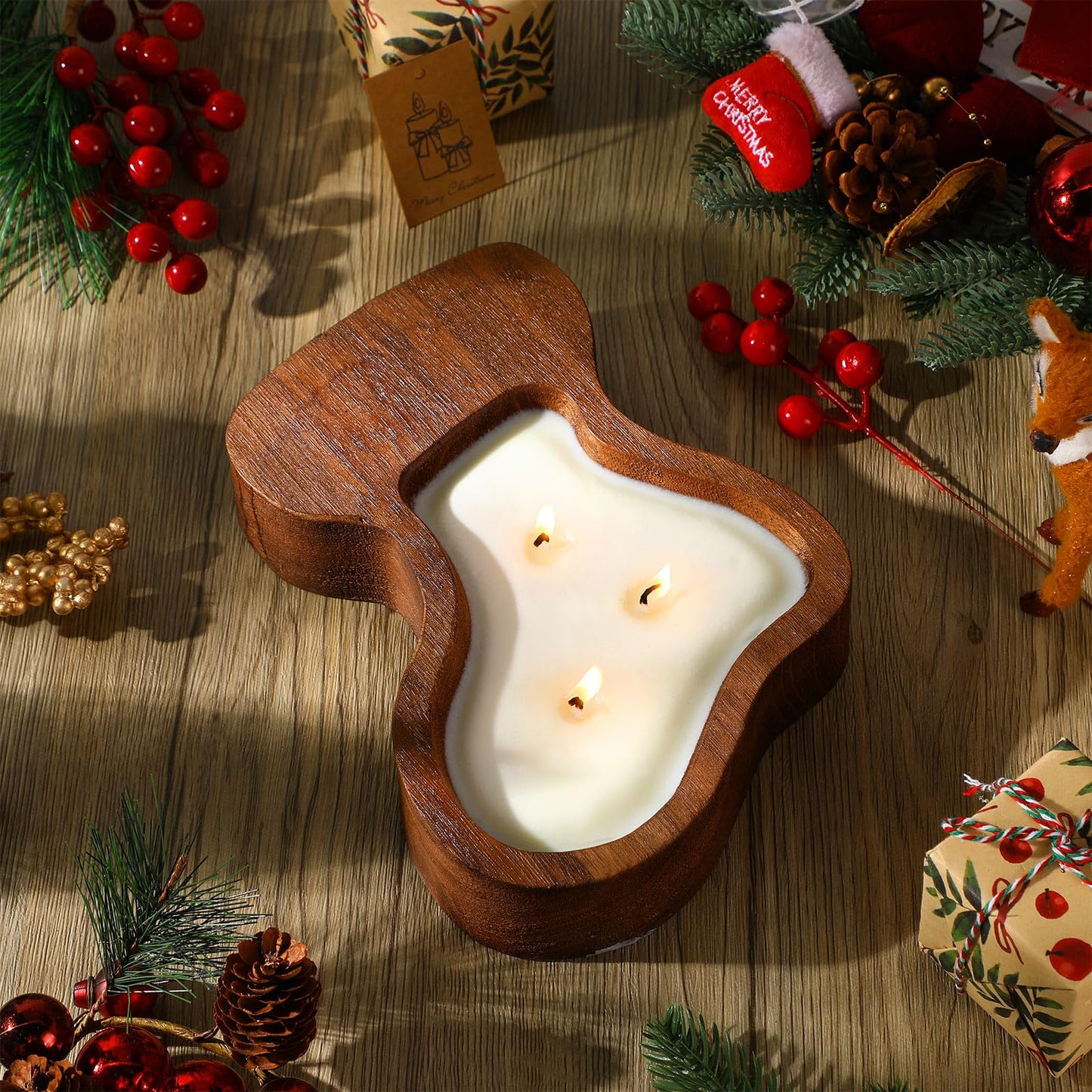 MTLEE Christmas Wooden Candle Bowl Wood Dough Bowl 3 Wick Rustic Xmas DIY Scented Candles Gifts Decoration with Berries Pine Label for Dining Farmhouse Table Centerpiece(Christmas Stockings)
