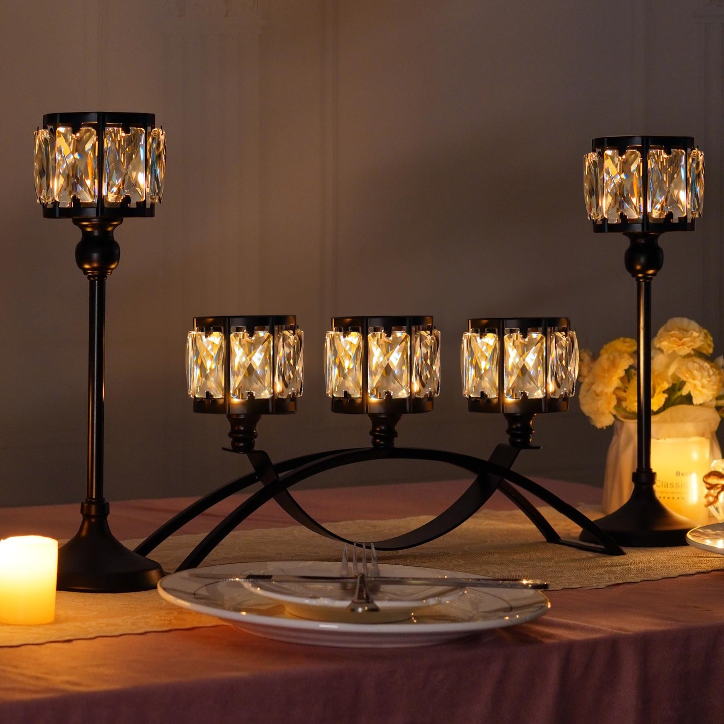 3 Arms Crystal Bowl Tealight Candelabra Votive Candle Stand, Wedding centerpieces for Tables Crystal Candlestick，Centerpiece Table Decorations (Set of Black)
