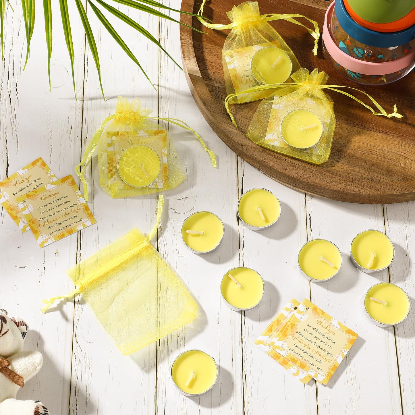 50 Sets Baby Shower Party Favors Including 50 Pcs Unscented Tealight Baby Shower Candles Gift Bags Cards for Gender Reveal Party Supplies(Yellow)