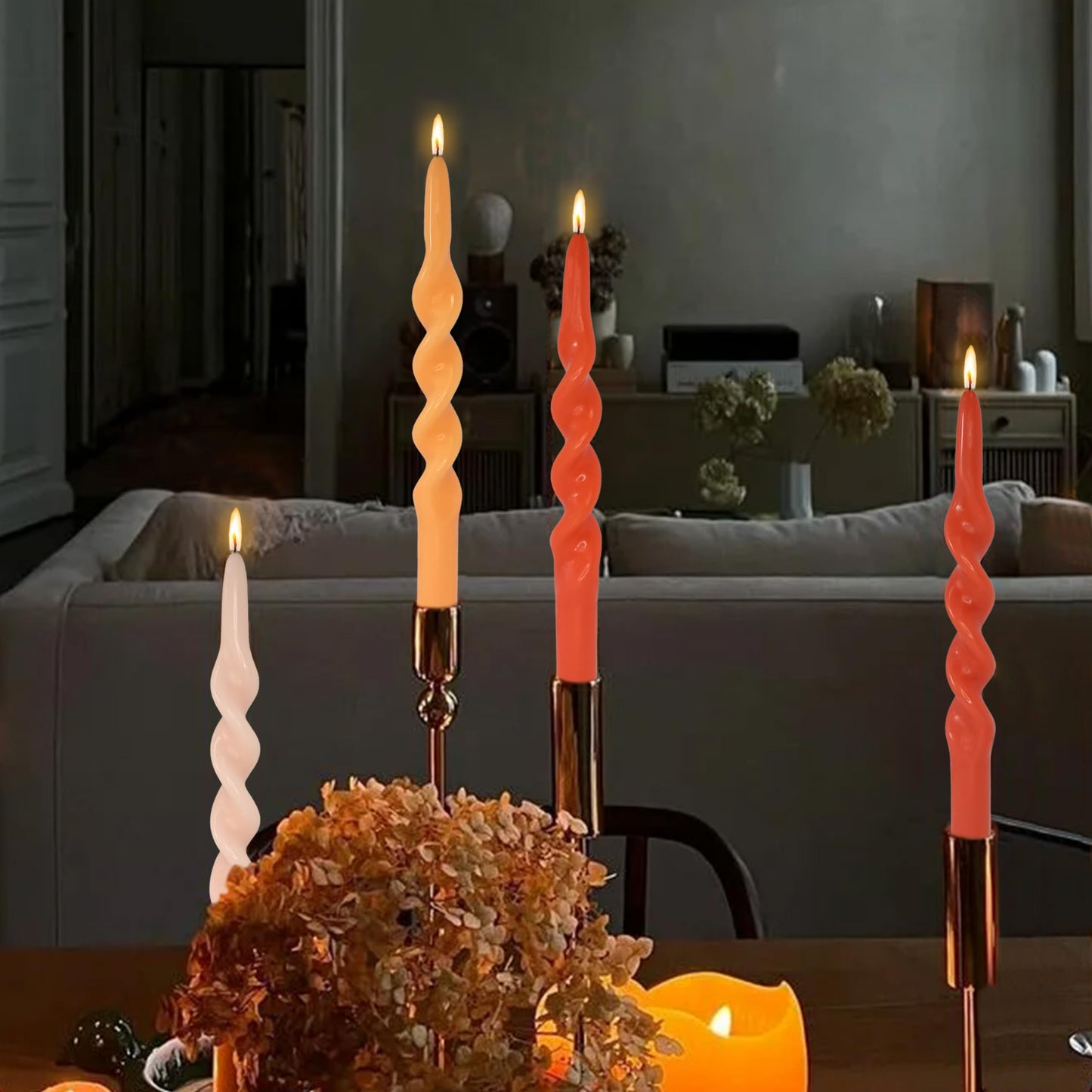 BALEAGCDL Unscented Twisted Taper Candle Gradient Orange Spiral Candlesticks 10 Inch Handmade Smokeless Dinner Long Candles Set for Holiday Wedding Party Gift Home Decoration