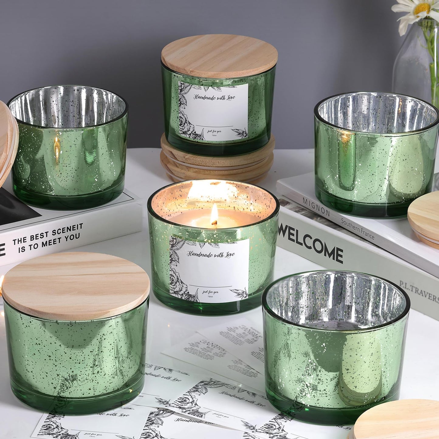 simeitol 16 OZ Green Candle Jars for Making Candles 6 Pcs, Glass Candle Jars with Airtight Bamboo Lids - Empty Candle Jar Bulk with Sticky Warning Labels - for Home Decor, Wedding, Christmas