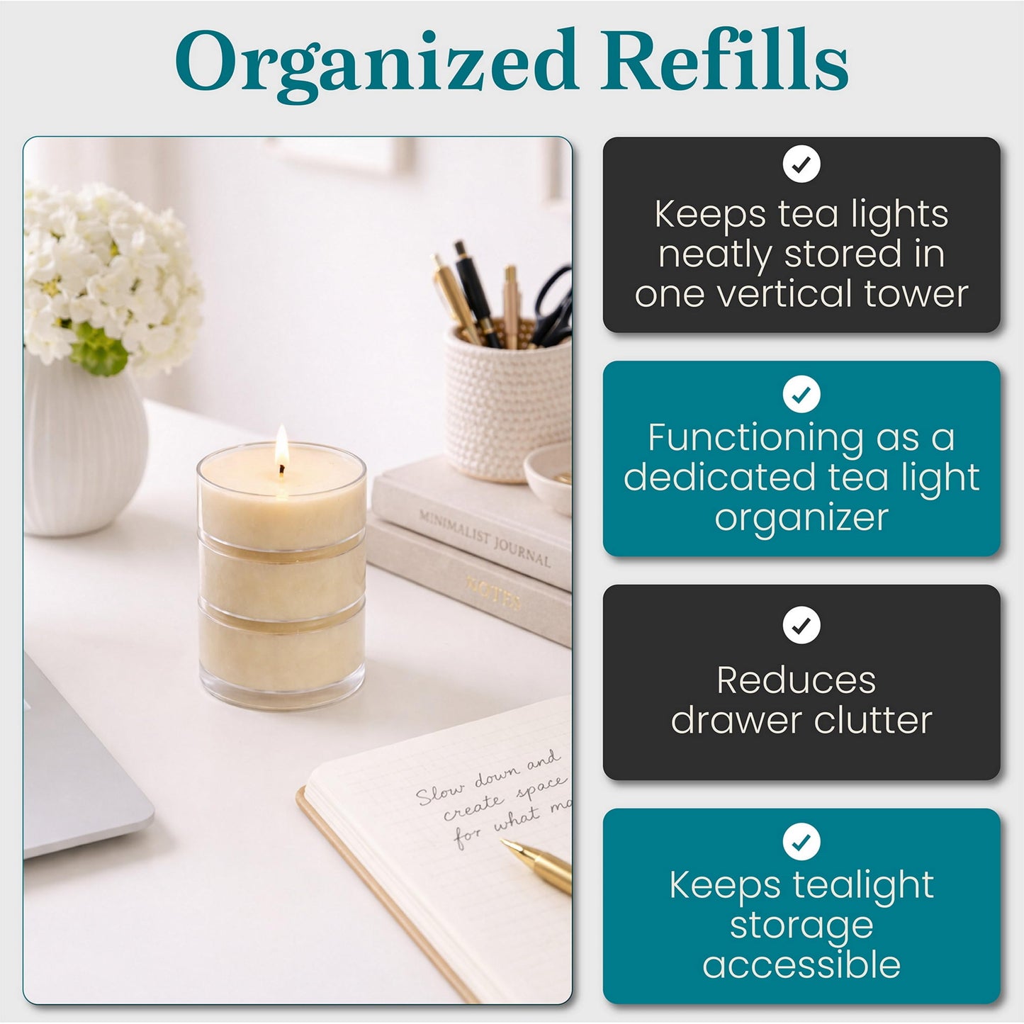 Jumbo Tealight Tower, Refill Storage Tube with 6 Premium Tealights, Fits Tall Wrap A Candle Base, 7 Inch Organizer for Scent Rotation, Vanilla Citrus Fresh Spice Holiday Unscented Choice, Gift Décor