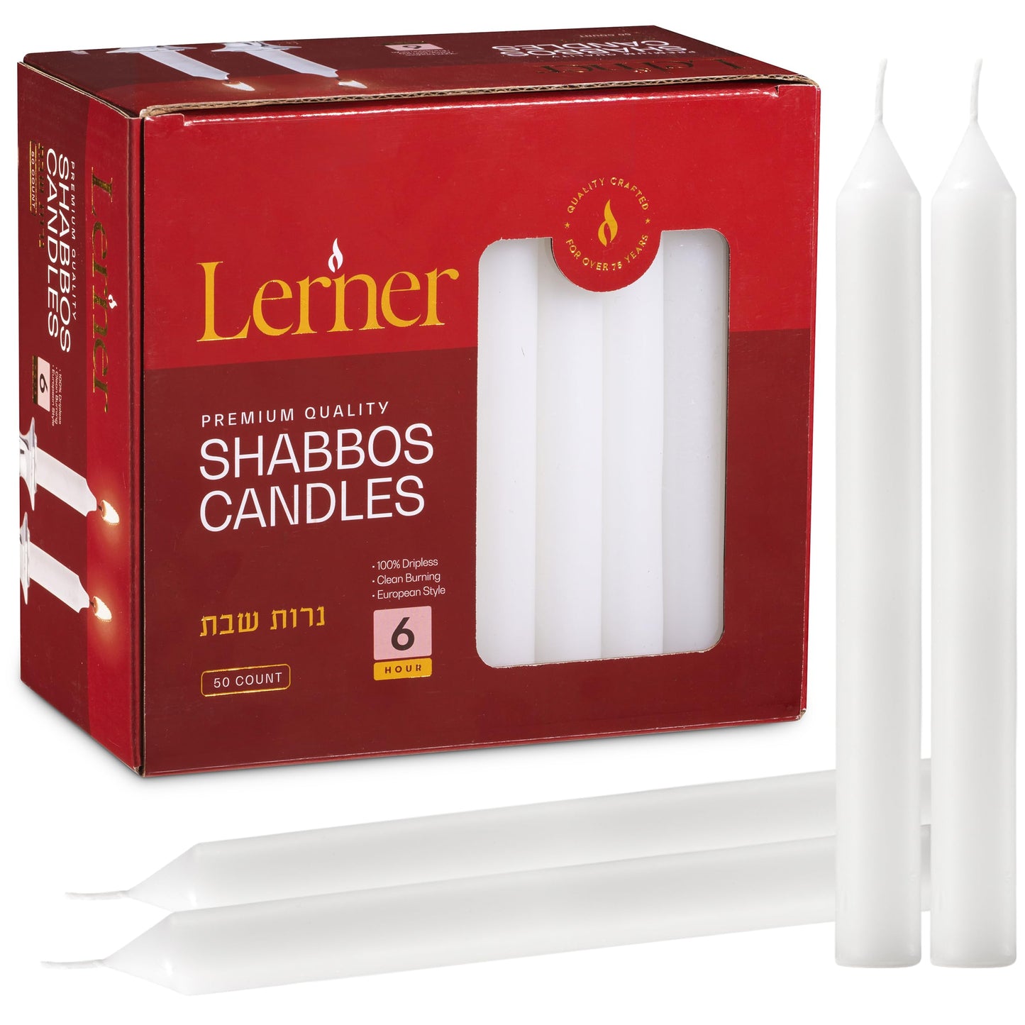 Lerner White Household Candlesticks, Pack of 50 | 6-Hour Burning Time | 7 Inch Tall Dinner Candles | 100% Dripless | Shabbat Candles | Candlesticks for Holidays, Churches, Décor, Emergencies