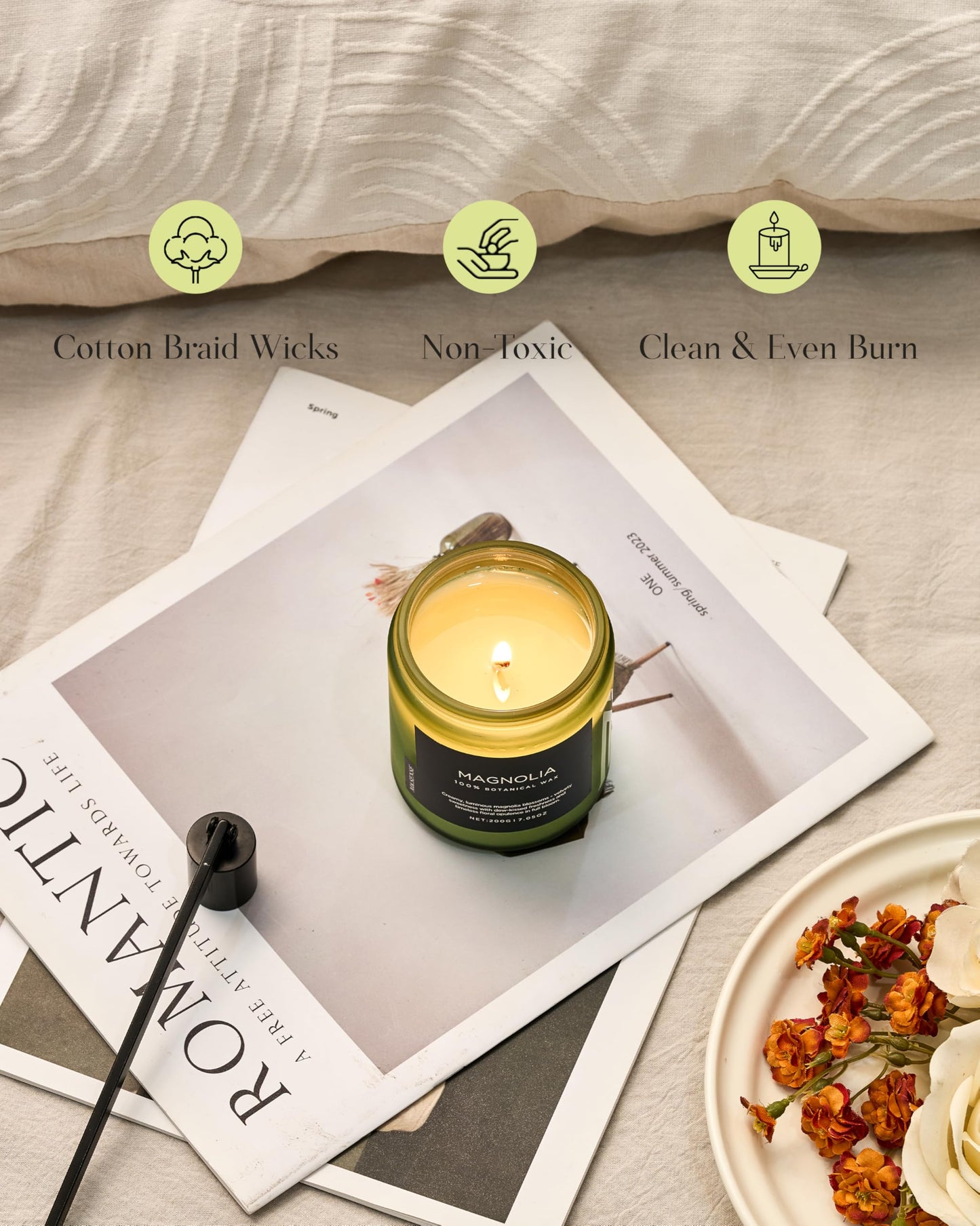 M&SENSE Magnolia Jasmine Scented Candle, 7.05oz 50 Hours Long Lasting Clean Non Toxic All Natural Soy Wax Candle for Relaxing & Stress Relief, Spring Fragrance Gifts for Home Decor