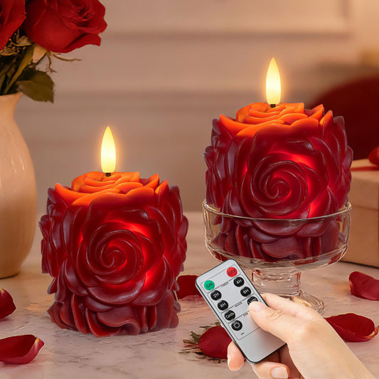 AFINETH Rose Flameless Candles with Remote, Valentines Battery Operated Candles, Real Wax Red LED Flower Candles Valentine's Day Mothers Day Gifts for Her Wife Mom Home Party Decor, 2 Pack