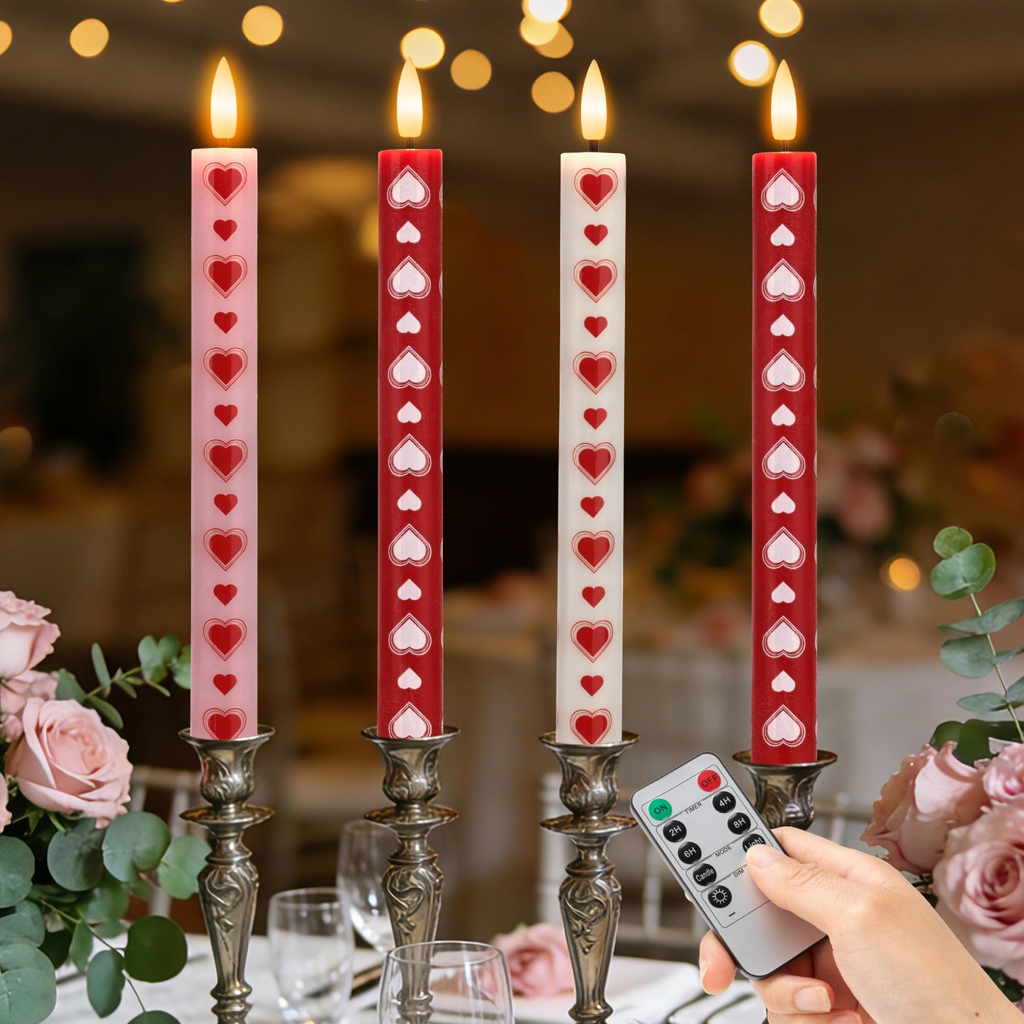 SEHNSY Valentines Day Candles Heart Flameless Taper Candles with Remote, Real Wax Battery Operated Candles,Romantic LED Candlesticks for Valentine Decor, Proposal Wedding & Dinner Table (4 Pack)