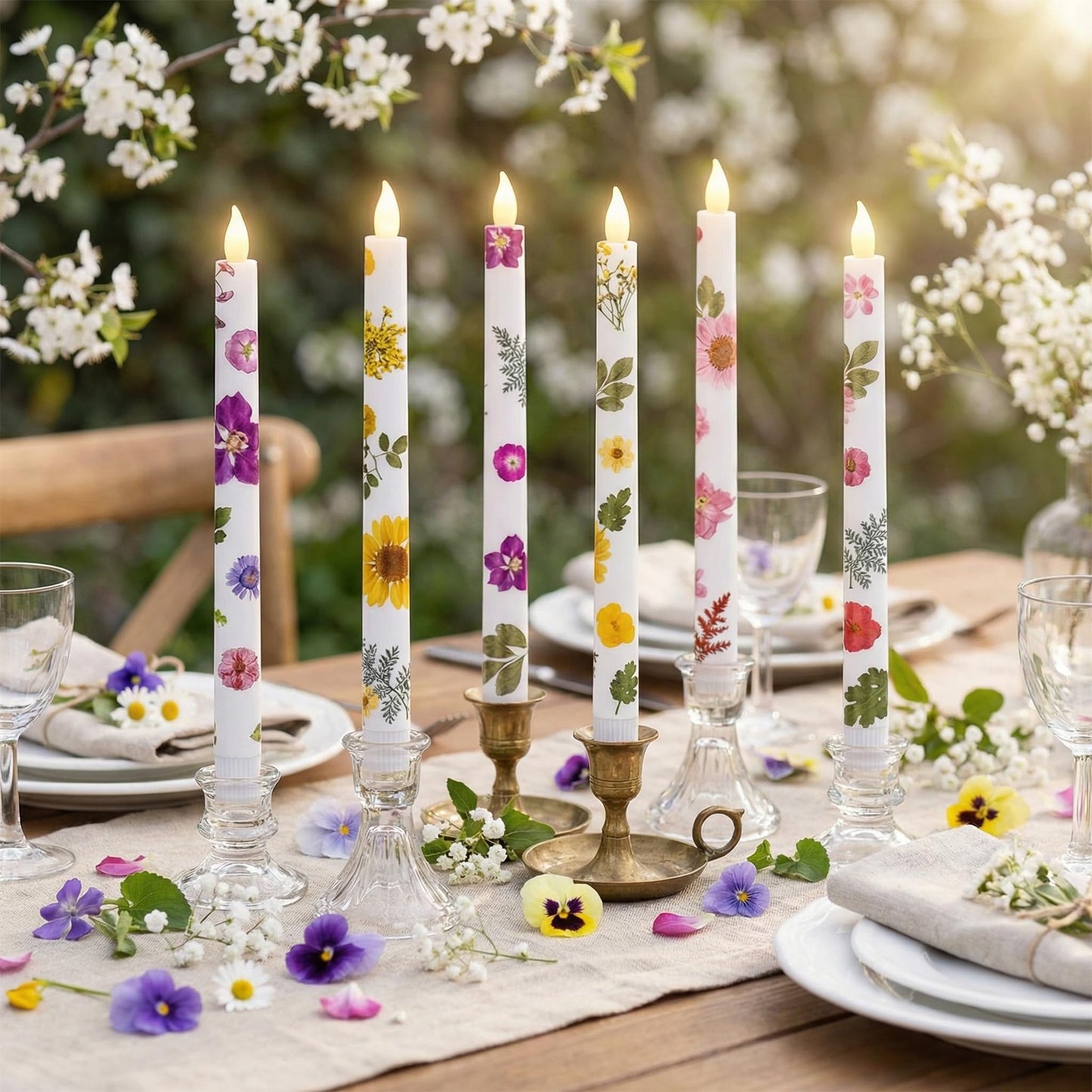 Nuanchu 6 Pcs Mother's Day Floral LED Flameless Taper Candles 10.6 Inch Pastel Dried Flower Flameless Candles Battery Operated Candlestick for Home Wedding Garden Summer Party Decoration
