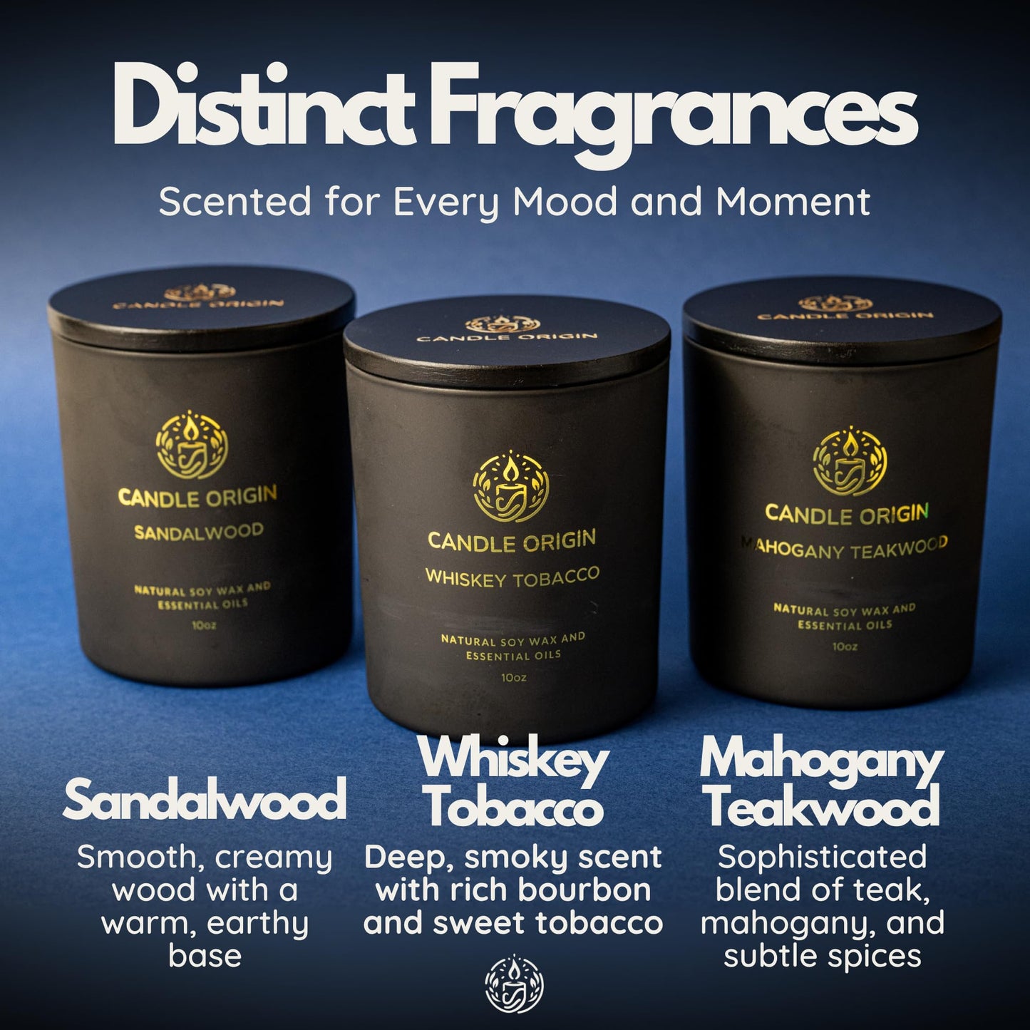 Luxury Candles for Men Gift Set (3×10oz) – Strong Masculine Scents (Mahogany Teakwood, Whiskey Tobacco, Sandalwood) – Long Lasting Soy Candles for Home, Man Cave Decor, Gifts for Him