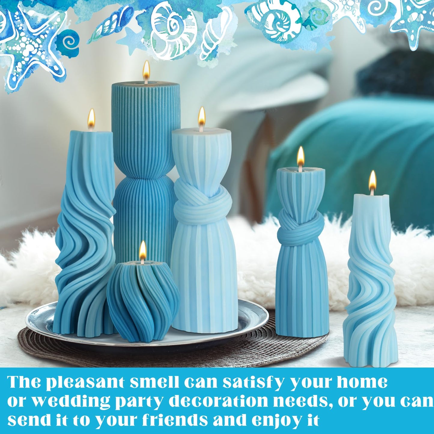 Threlaco 6 Pcs Pillar Candles Decorative Modern Aesthetic Ribbed Candle Set Cute Soy Wax Scented Ribbed Decor Commemorative Gift for Home Decoration(Blue,2.36-6.89 Inch)