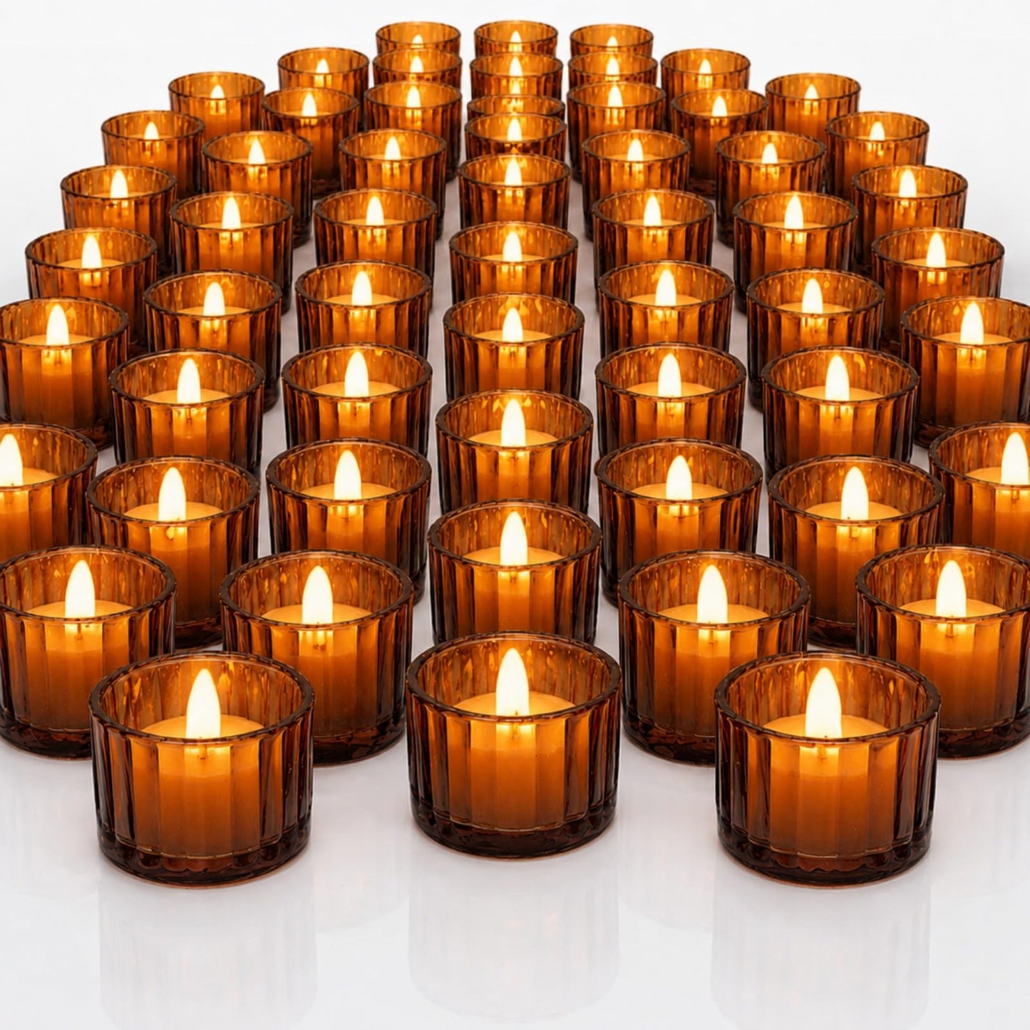 Mumufy 100 Pcs Glass Tealight Candle Holder Ribbed Votive Candle Holder for Centerpiece Wedding Proposal Spa Aromatherapy Meditation Home Decor (Amber)