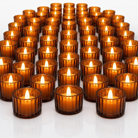Mumufy 50 Pcs Glass Tealight Candle Holder Ribbed Votive Candle Holder for Centerpiece Wedding Proposal Spa Aromatherapy Meditation Home Decor (Amber)