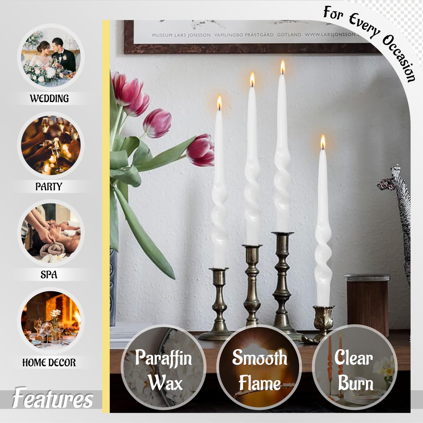 FLAMMUL White Taper Candles Candlesticks - Twisted Candlesticks 9.5 Inch Spiral Candle Sticks 4PCS Smokeless Tapered Candles for Home Decor Church Weddings
