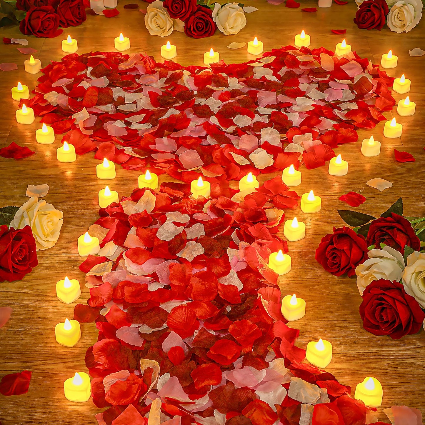 VIHOSE 4000 Pcs Artificial Rose Petals with 24 Pcs LED Tea Lights Candles Flameless LED Candles Fake Rose Petals for Wedding Birthday Party(Yellow Light, Bright Color Petal)