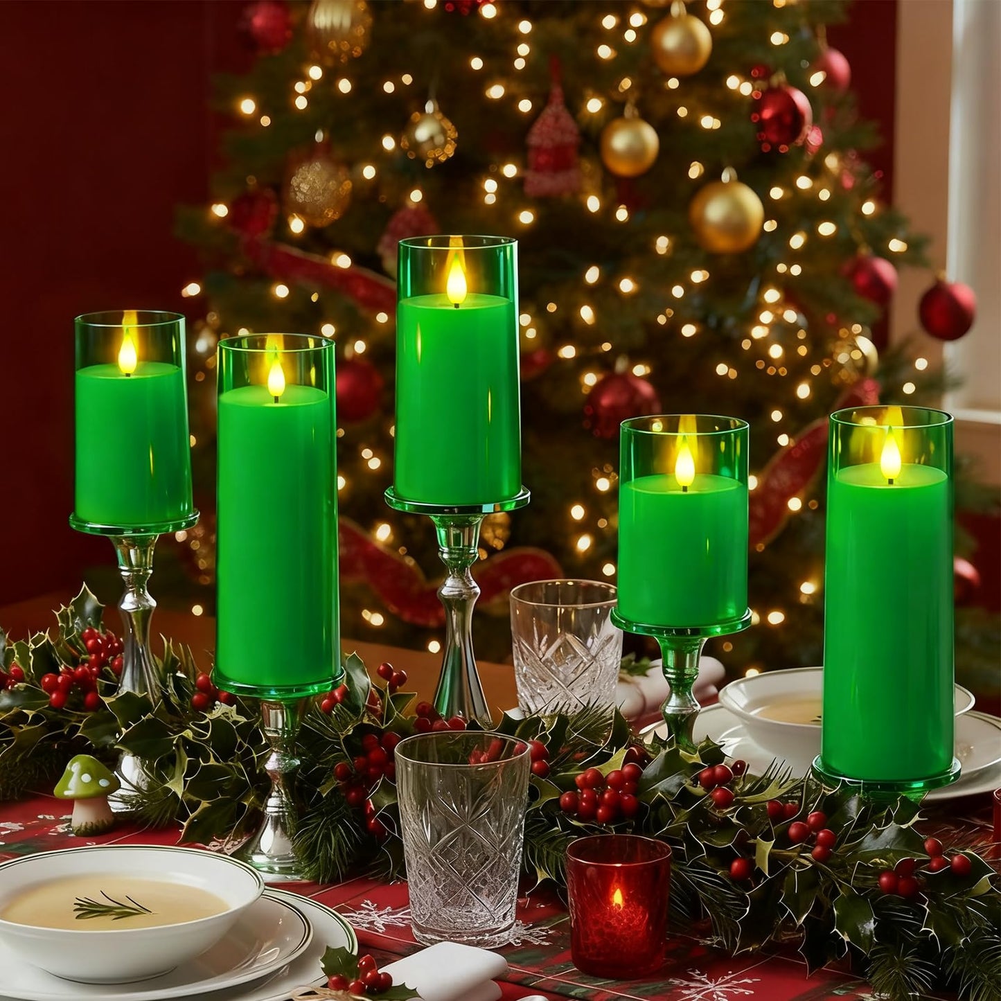 Raycare St. Patrick's Day Flameless Candles Battery Operated with Remote Timer, Acrylic Flickering LED Pillar Candle for Christmas Decoration, Home Decor, Gift for Family and Friend, Green, Set of 5