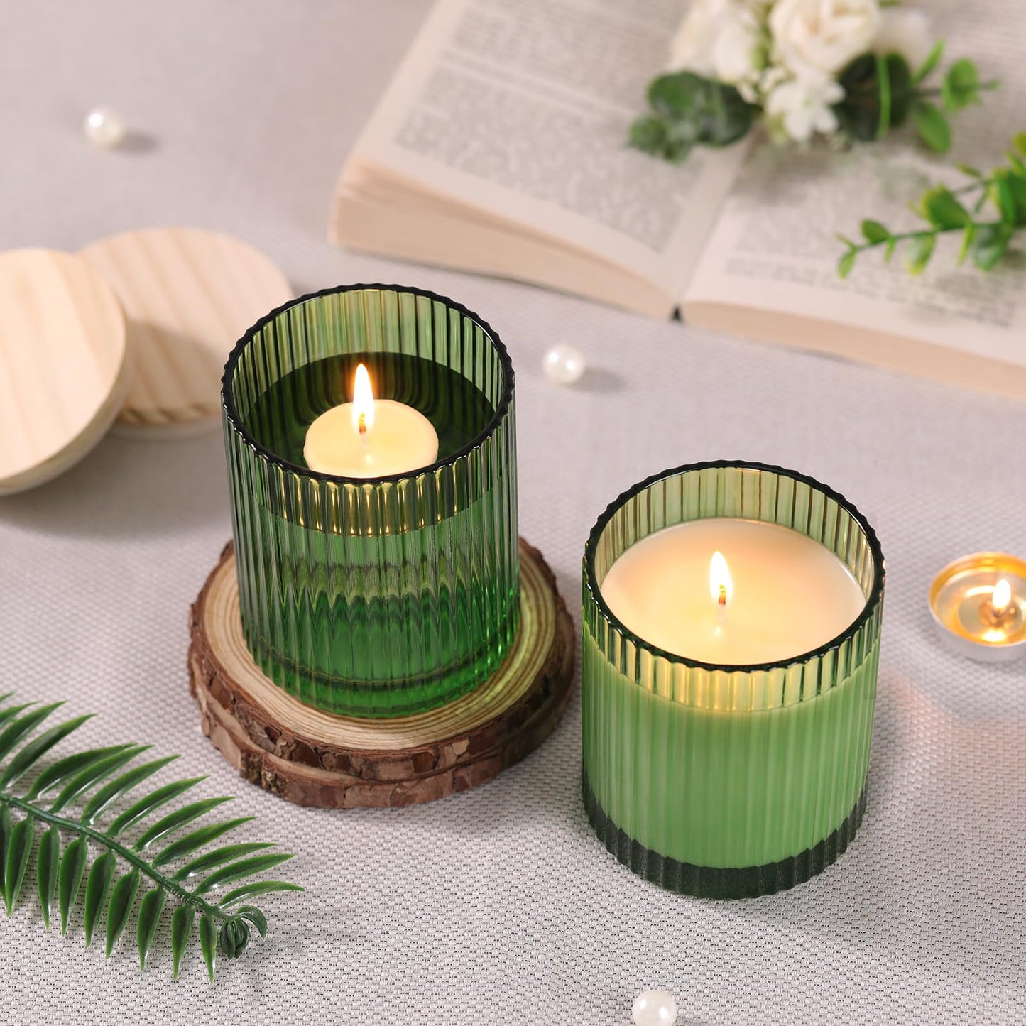 sunnyfuture 10 OZ Green Candle Jars for Making Candles Set of 8, Ribbed Glass Candle Jars with Wood Lids and Labels, Candle Containers for DIY, Gifts, Home Decoration