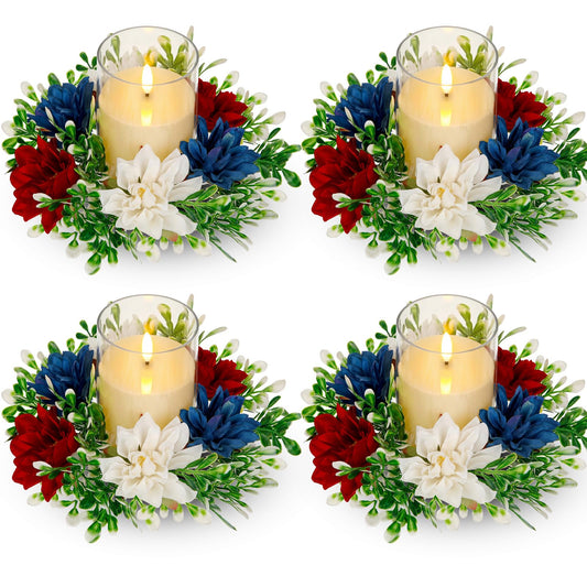 Yunlly 4 Pcs Artificial Dahlia Candle Rings Wreaths, Patriotic Red White and Blue Floral Rings Holders with LED Flameless Candles for 4th of July Independence Day Memorial Day Table Centerpiece