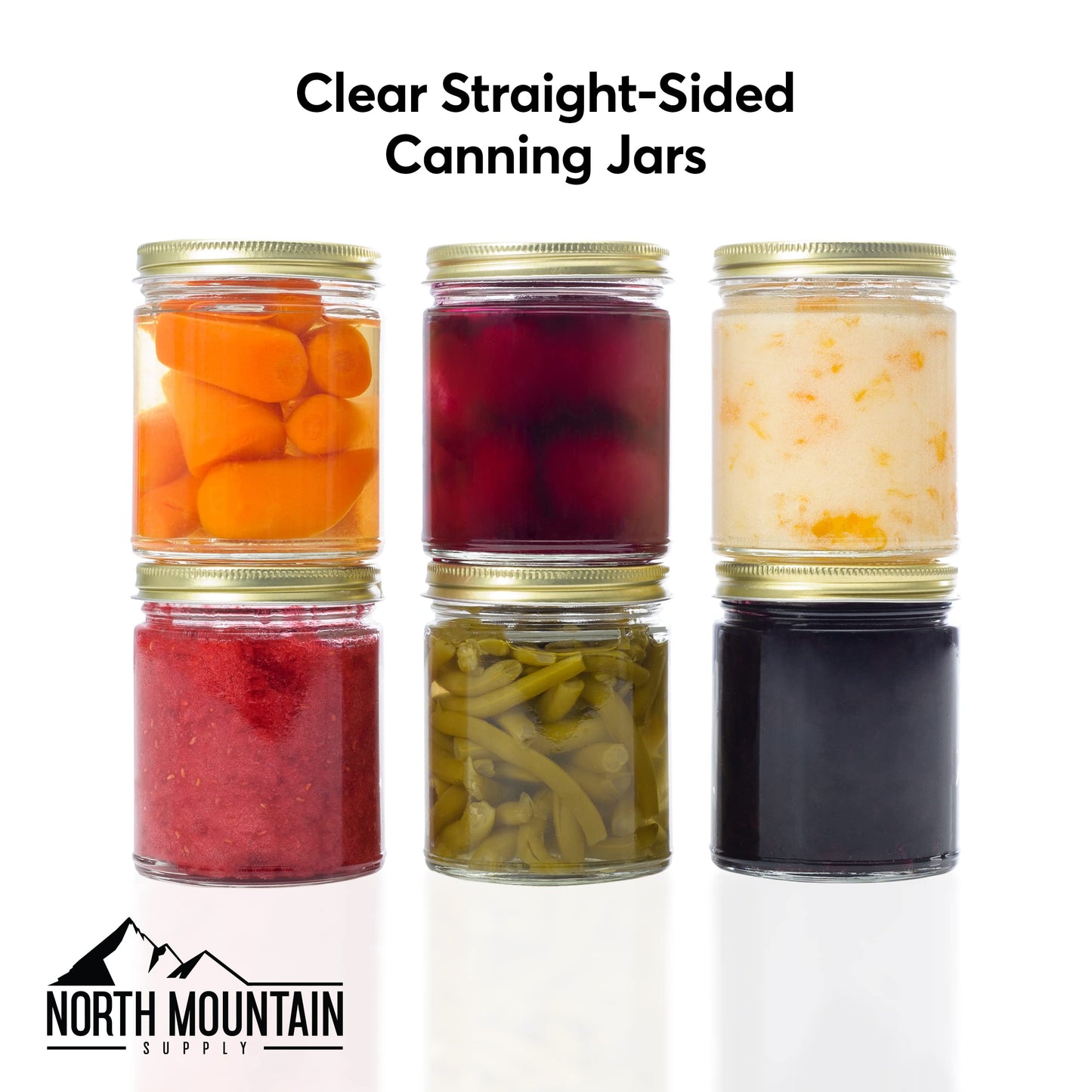 North Mountain Supply 9 Ounce Clear Glass Straight Sided Mason Canning Jars- With 70mm Black Plastic Lids - Case of 12