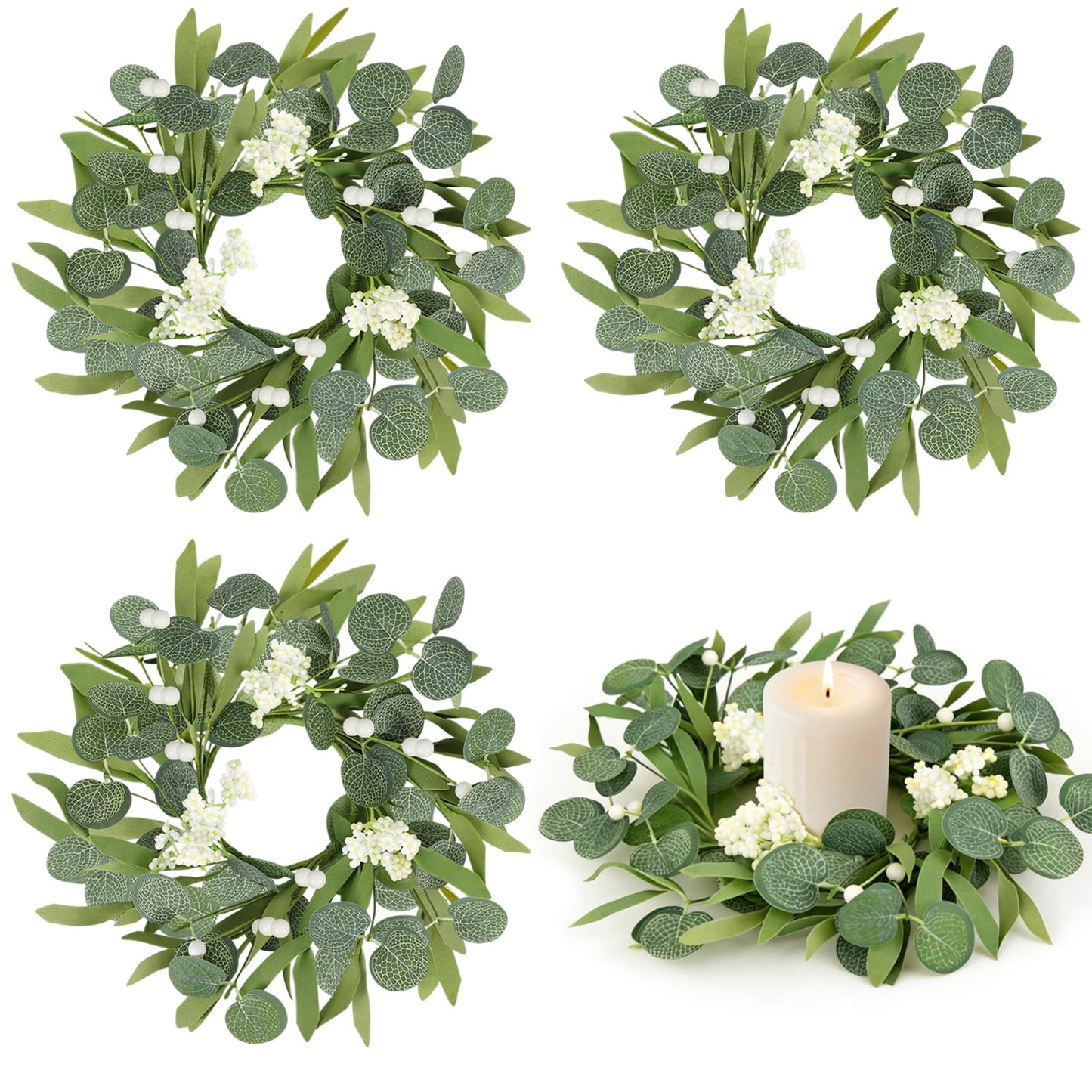 4 Pcs Green Artificial Eucalyptus Candle Rings Wreaths Mini Green Kitchen Cabinet Wreath Table Centerpieces Spring Summer with White Berry for Pillars Farmhouse Porch Front Door Wedding Decor