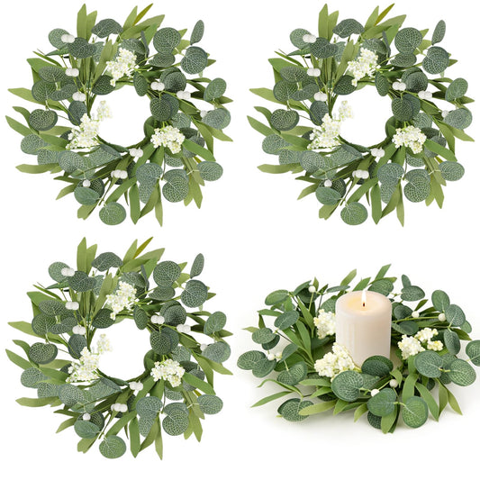 4 Pcs Green Artificial Eucalyptus Candle Rings Wreaths Mini Green Kitchen Cabinet Wreath Table Centerpieces Spring Summer with White Berry for Pillars Farmhouse Porch Front Door Wedding Decor
