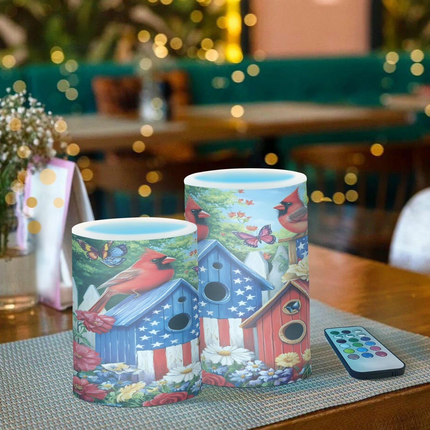 ALAZA Patriotic Birdhouse Birds American Flag Flickering Flameless Candles Battery Operated with Remote Timer,Tea Light Candles LED Pillar Votive Candles Set of 2 for Outdoor Indoor Decorations