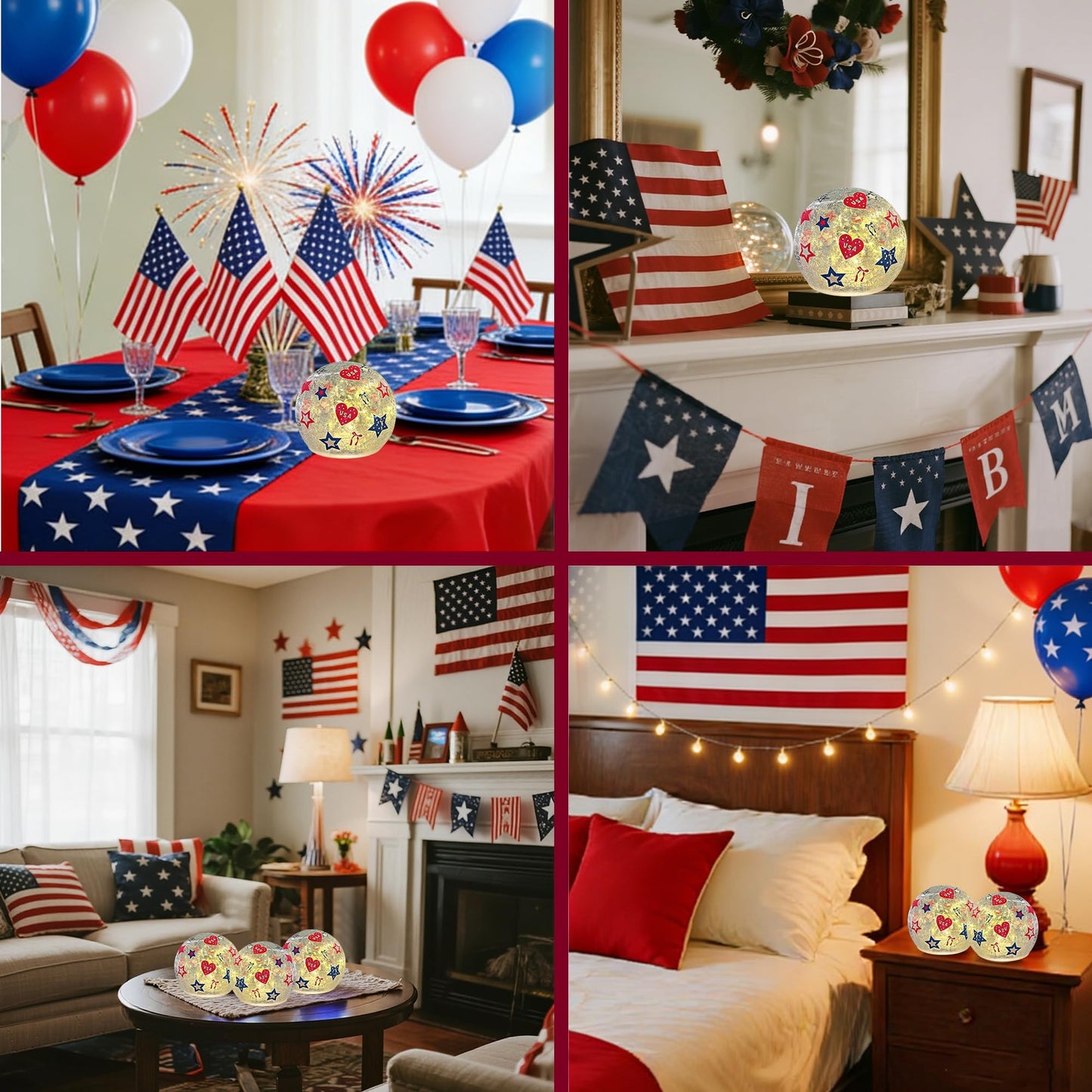 3PCS Independence Day Decorative Lights, 3.93-inch Independence Day Desktop Decoration LED Night Light, Cracked Glass Ball Light with Timer, 4th of July Decoration (Love)
