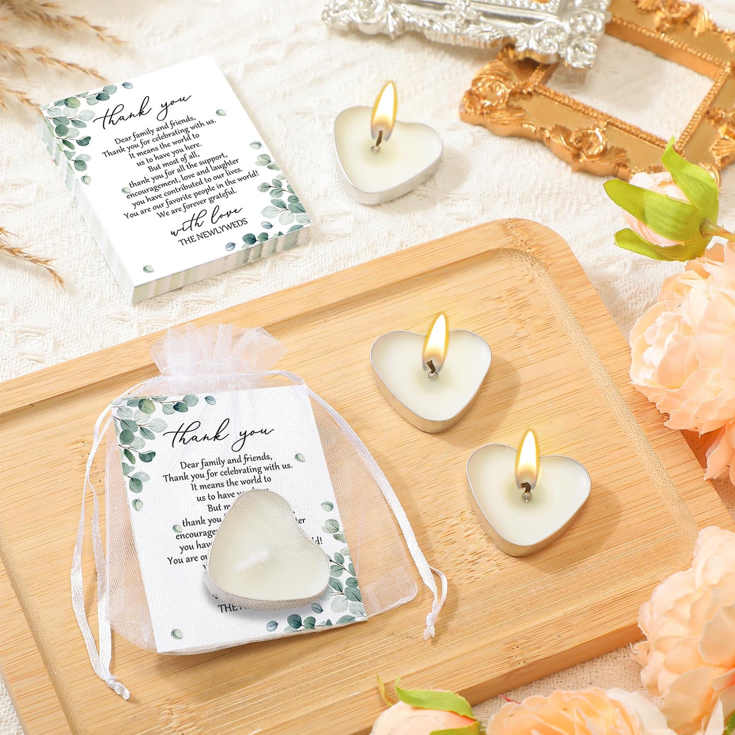 Threlaco 100 Sets Wedding Favors for Guests Bulk Mini Heart Shaped Candles Wedding Party Favors for Guests with Thank You Cards and Organza Bags Bridal Shower Party Souvenir Candle Gifts