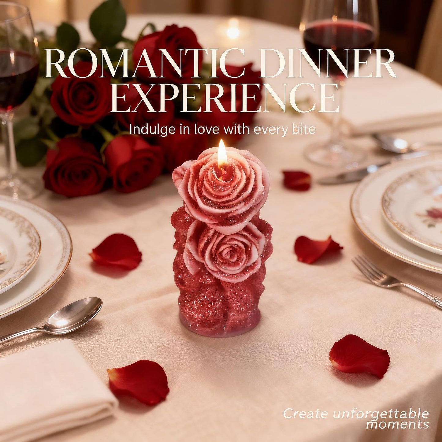 Rose Flower Shape Scented Candle,Red Rose Blossoming Floral Soy Wax Decorative Candle for Valentine's Day,Birthdays & Aesthetic Spaces,Romantic Engraved Pillar Low Temp Wax with Glitter